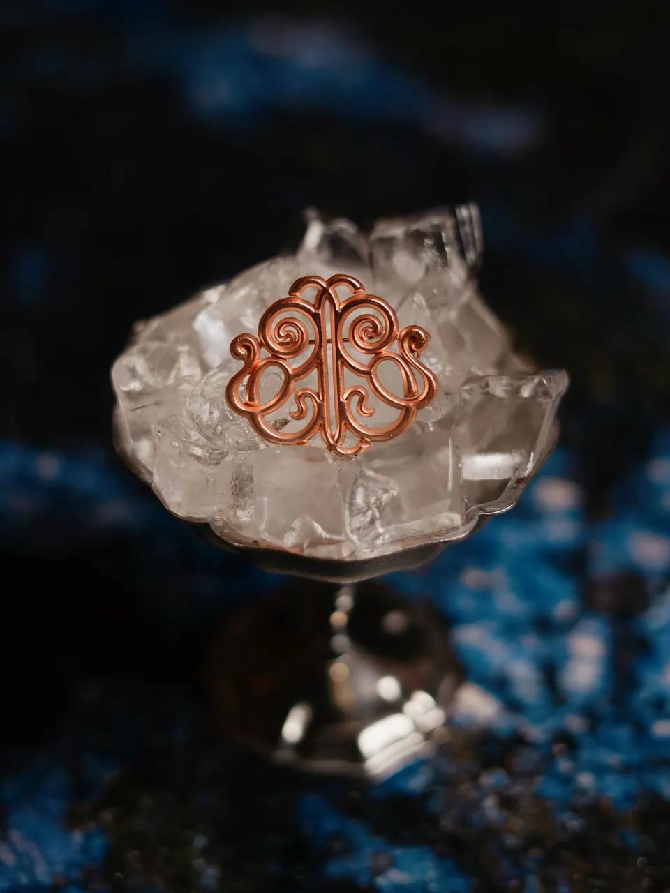 The copper Babylon monogram resting on crushed ice in a coupe glass