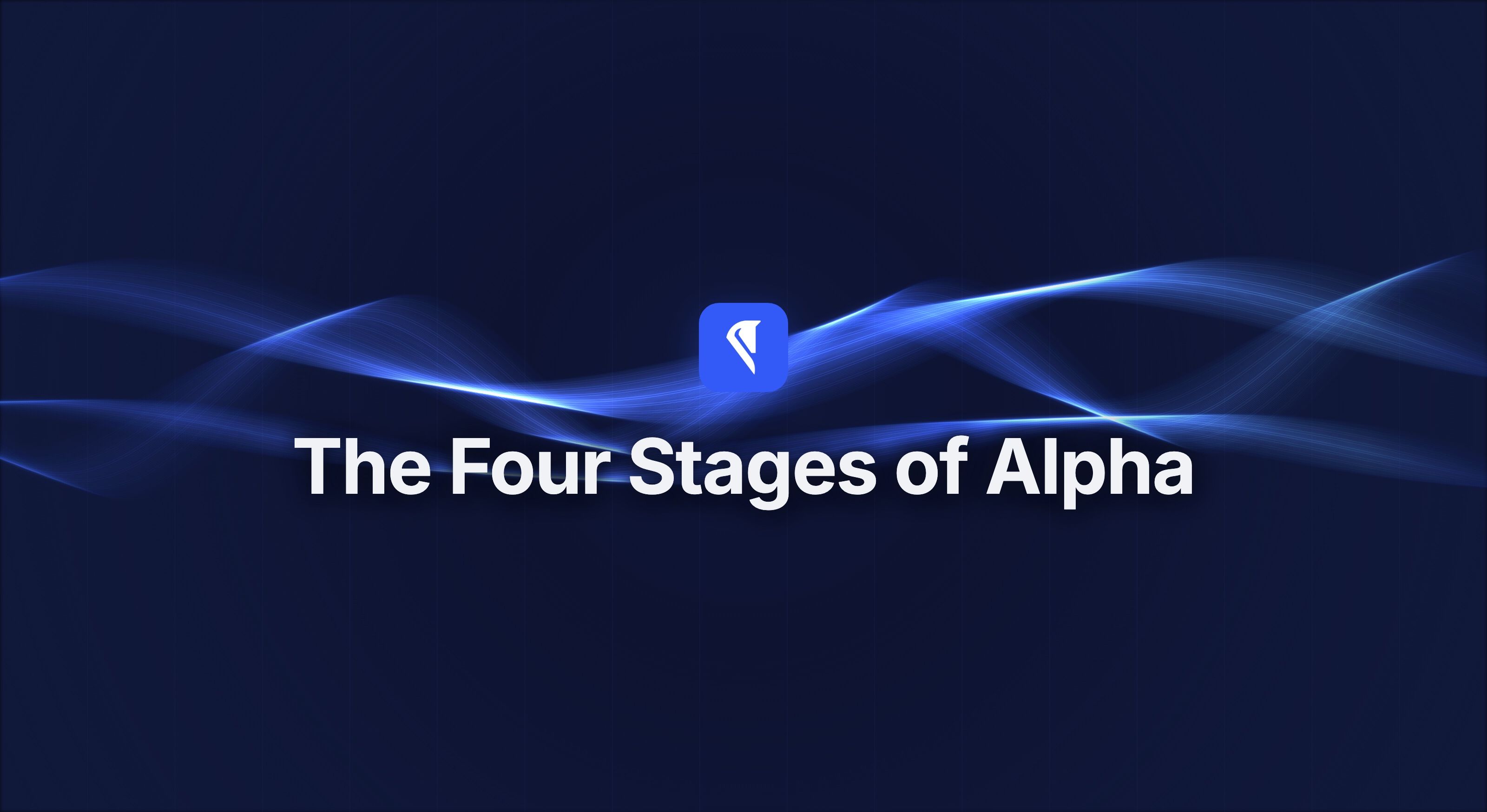 Centaur blog cover for "The Four Stages of Alpha," with the Centaur mark and headline centered over flowing blue light ribbons on a near-black field.