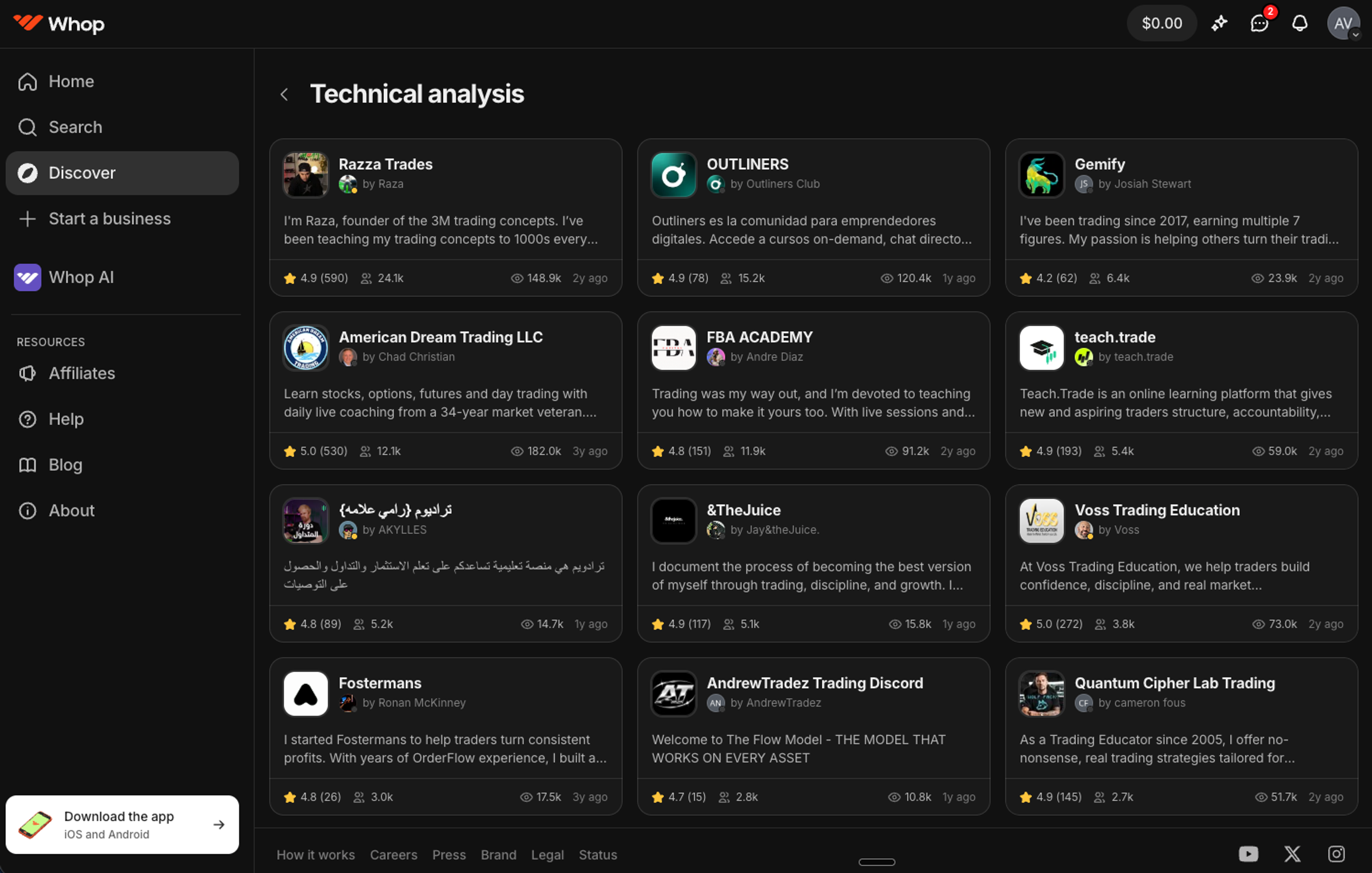 Whop marketplace for trading groups
