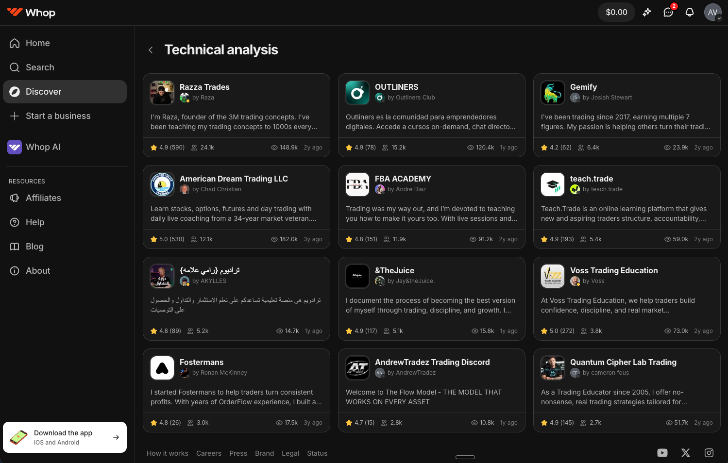 Whop marketplace for trading groups