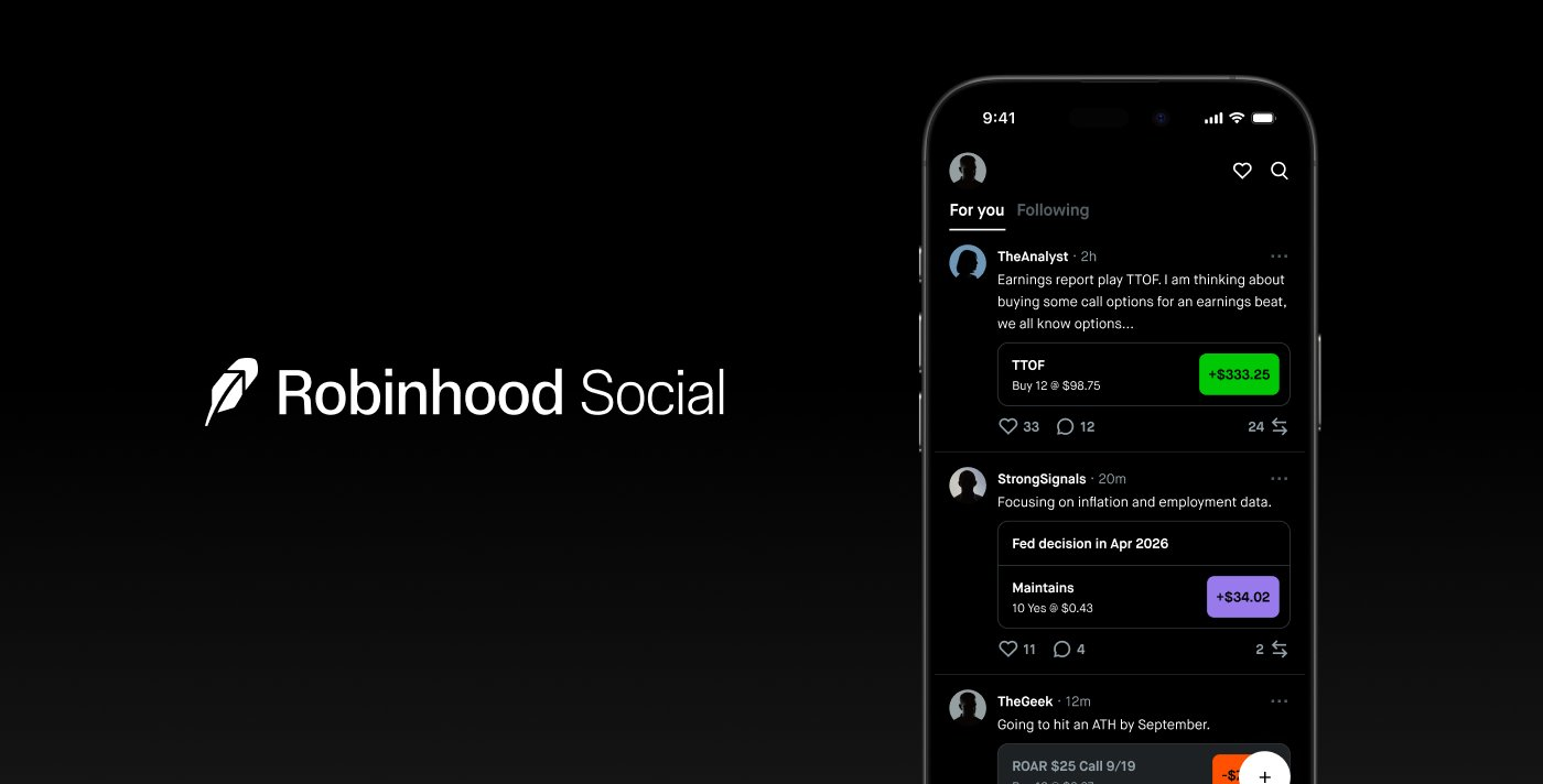 Robinhood Social promotional image showing the feed on a phone, with trader posts carrying attached trades and P&L.