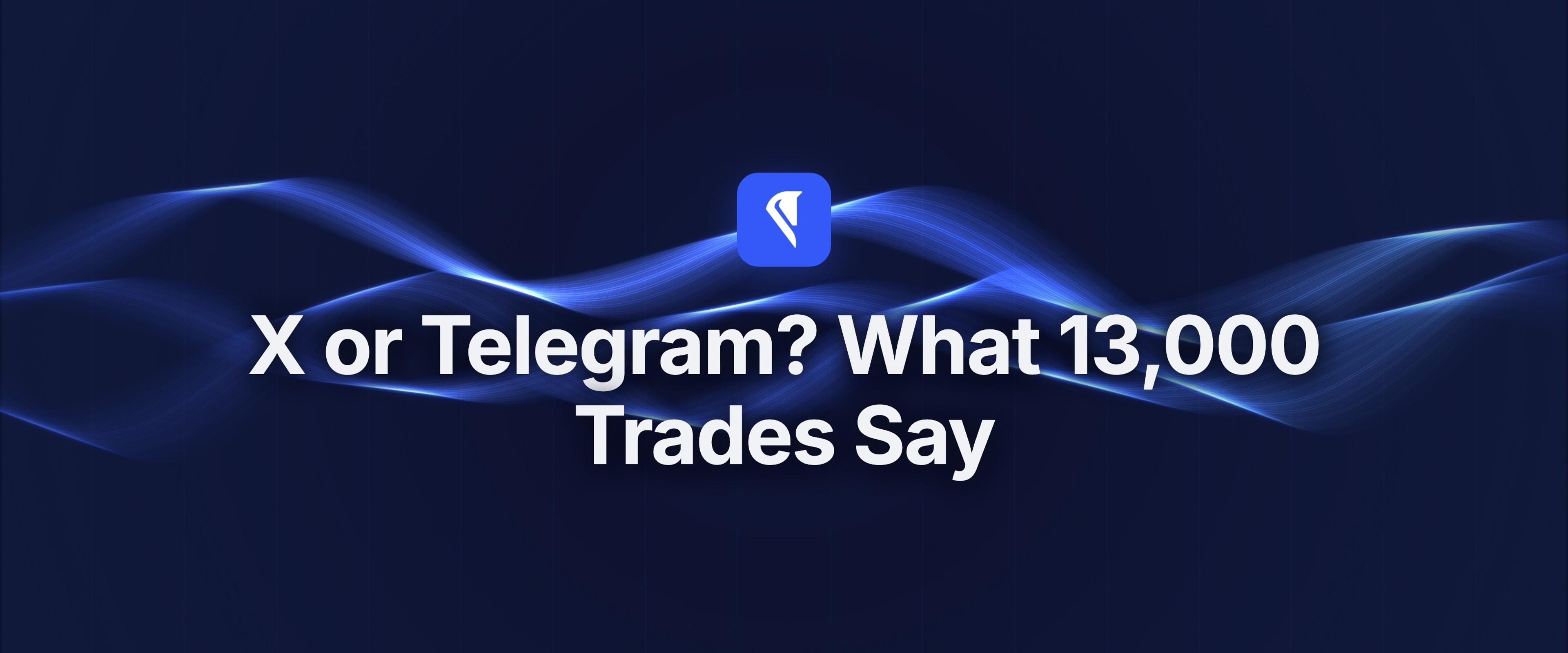 Centaur blog cover for "X or Telegram? What 13,000 Trades Say," with the Centaur mark and headline centered over flowing blue light ribbons on a near-black field.