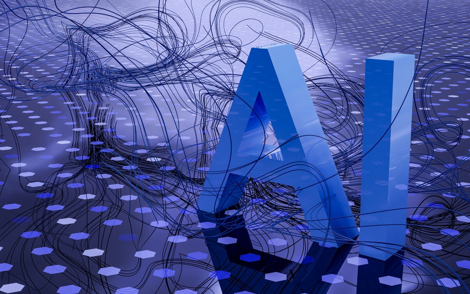 Large AI letters surrounded by flowing network lines on a blue digital surface