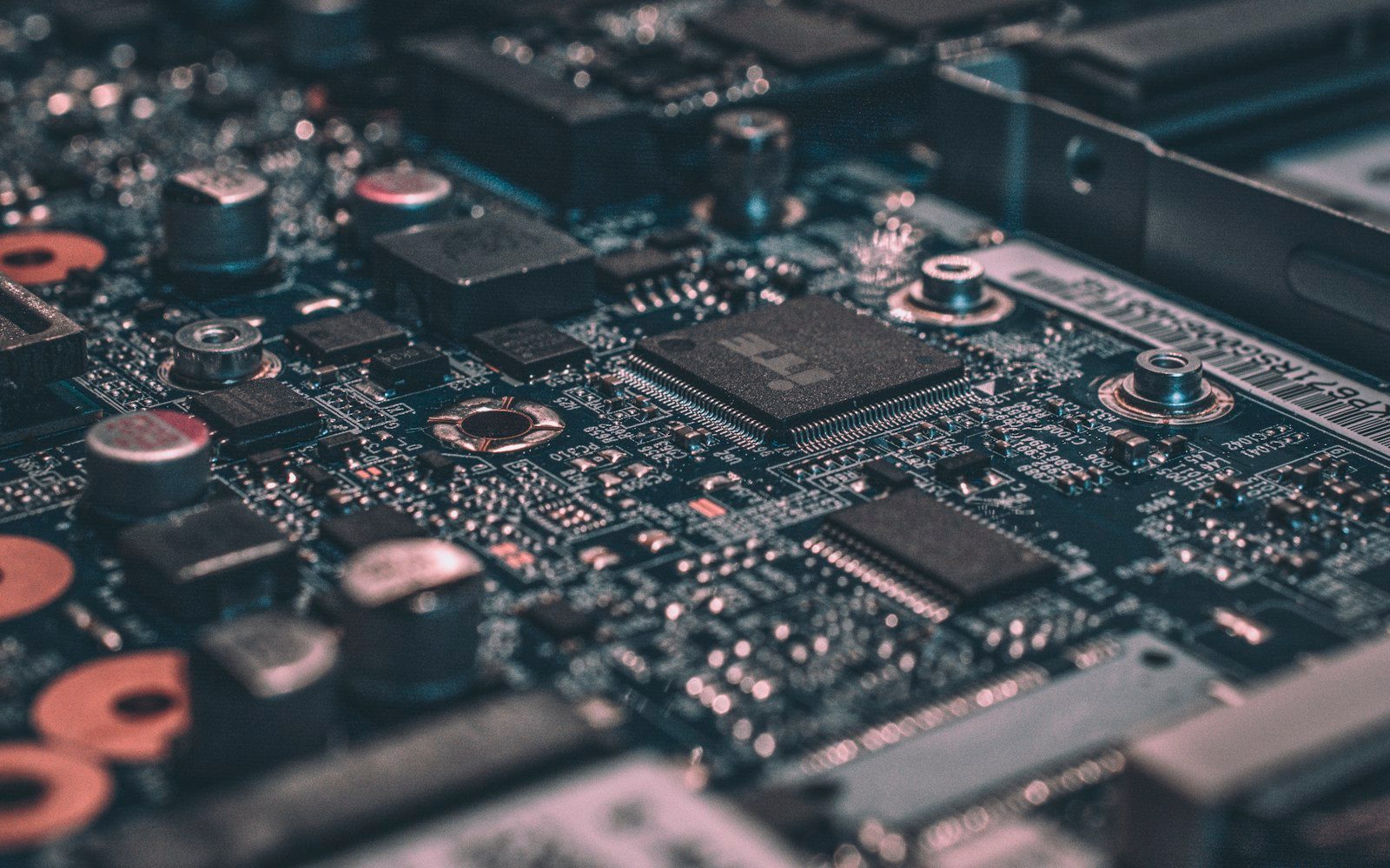 Close-up view of processors and components on a circuit board