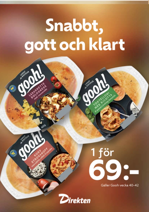 Kampanjaffisch: Gooh färdigrätter, 1 för 69 kr