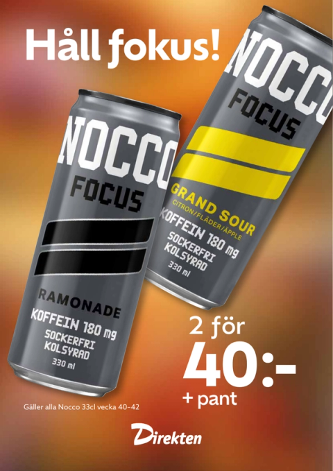 Kampanjaffisch: Nocco Focus, 2 för 40 kr plus pant