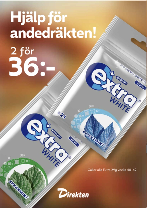 Kampanjaffisch: Extra White tuggummi, 2 för 36 kr