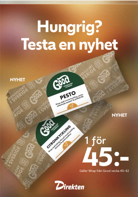 Kampanjaffisch: wraps från Good, 1 för 45 kr
