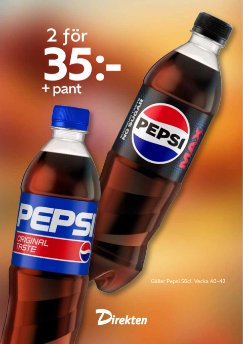 Kampanjaffisch: Pepsi och Pepsi Max 50 cl, 2 för 35 kr plus pant