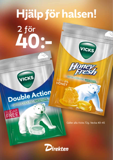 Kampanjaffisch: Vicks Double Action och Honey Fresh, 2 för 40 kr