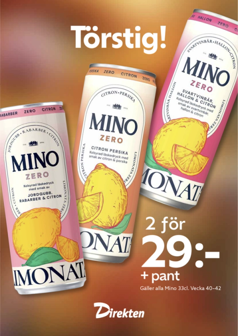 Kampanjaffisch: Mino Zero lemonad, 2 för 29 kr plus pant