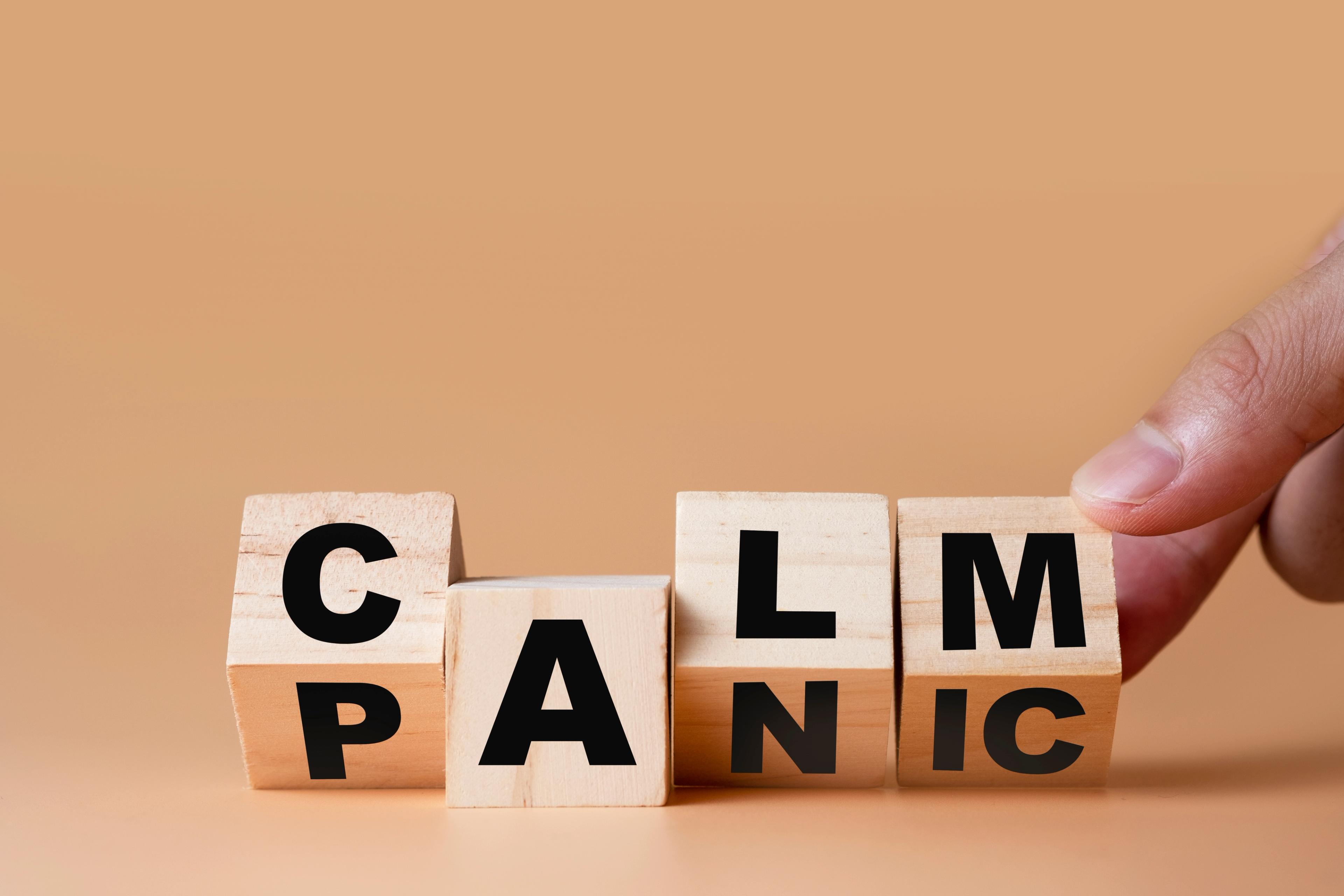 The words 'calm and panic' in blocks