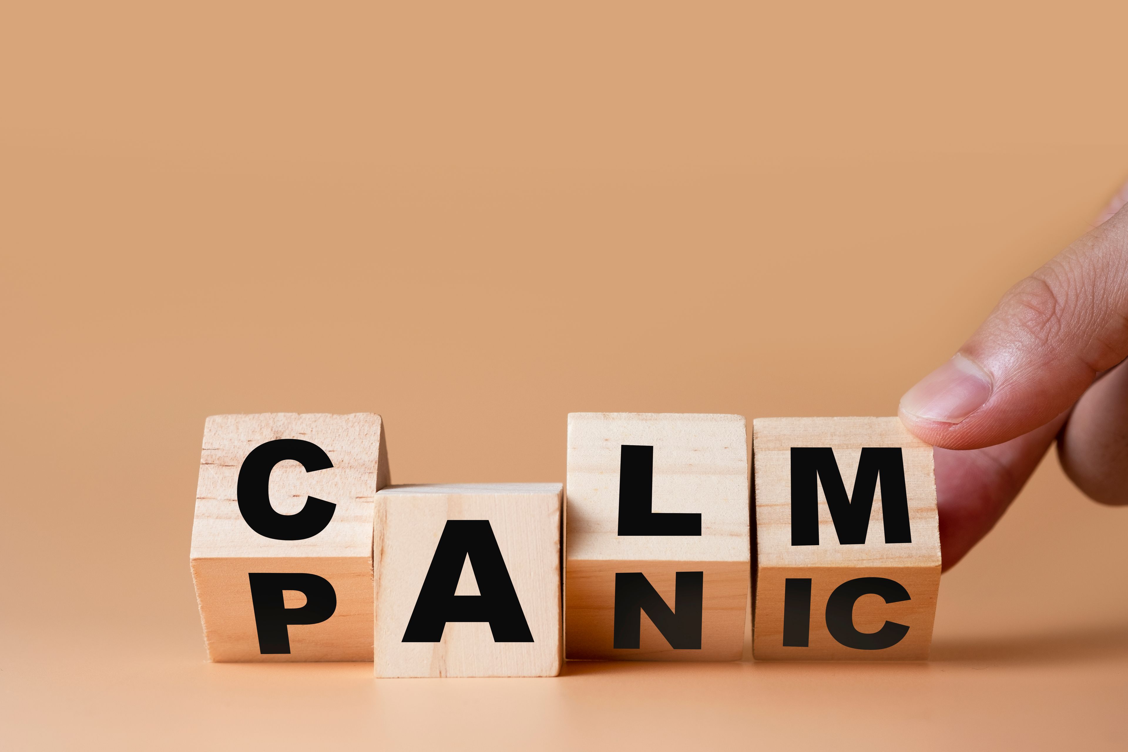 The words 'calm and panic' in blocks