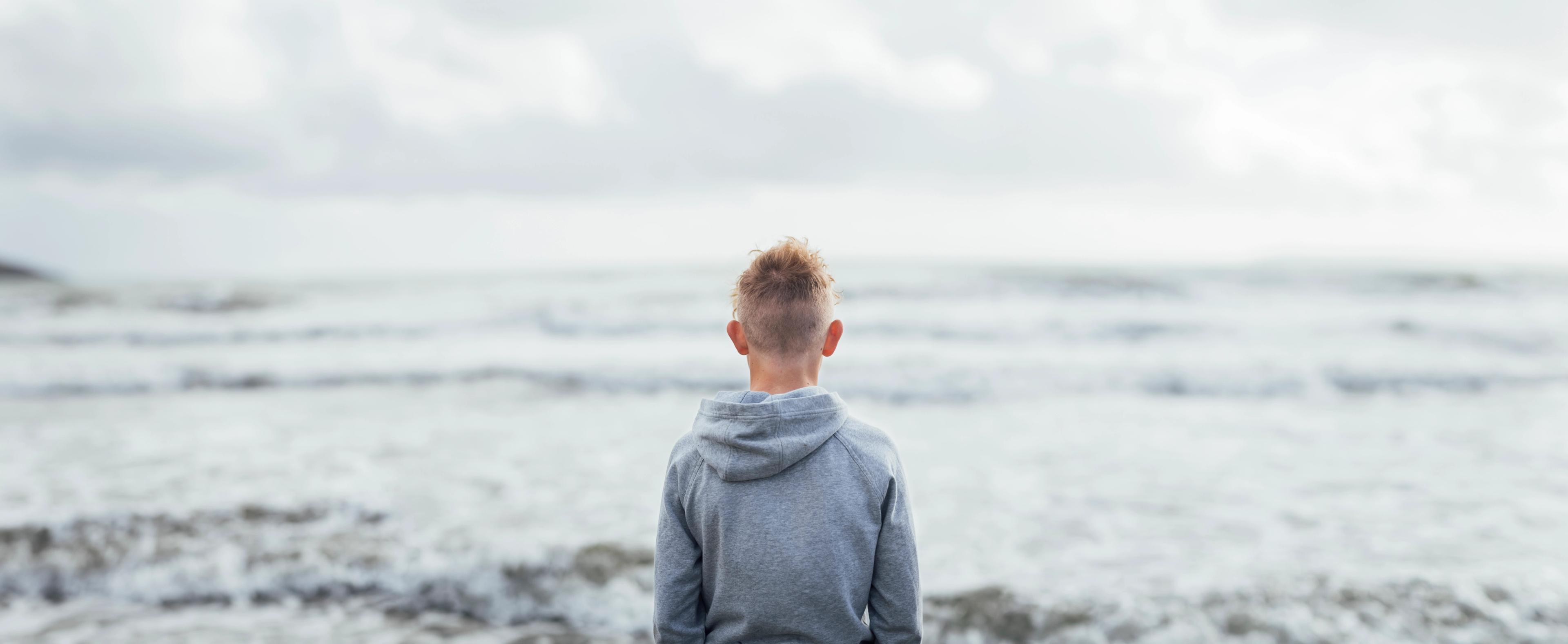 A boy in a grey hoodie, seen from behind, looks out at the ocean.