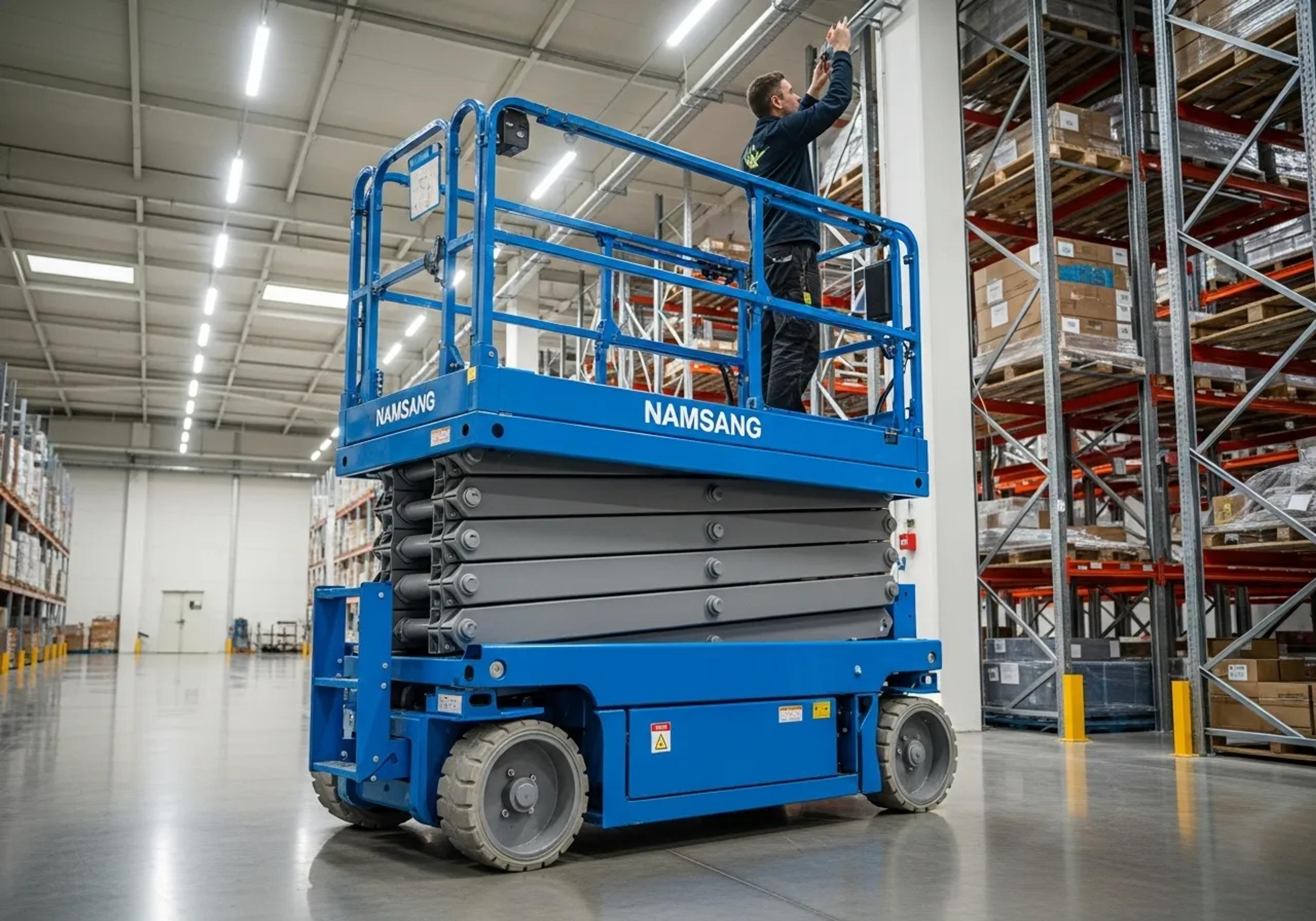 รถ X-lift (ลิฟท์กรรไกร) สีเหลือง กำลังทำงานติดตั้งกระจกบนอาคารสูง พร้อมคนงานสวมอุปกรณ์ความปลอดภัยครบชุด