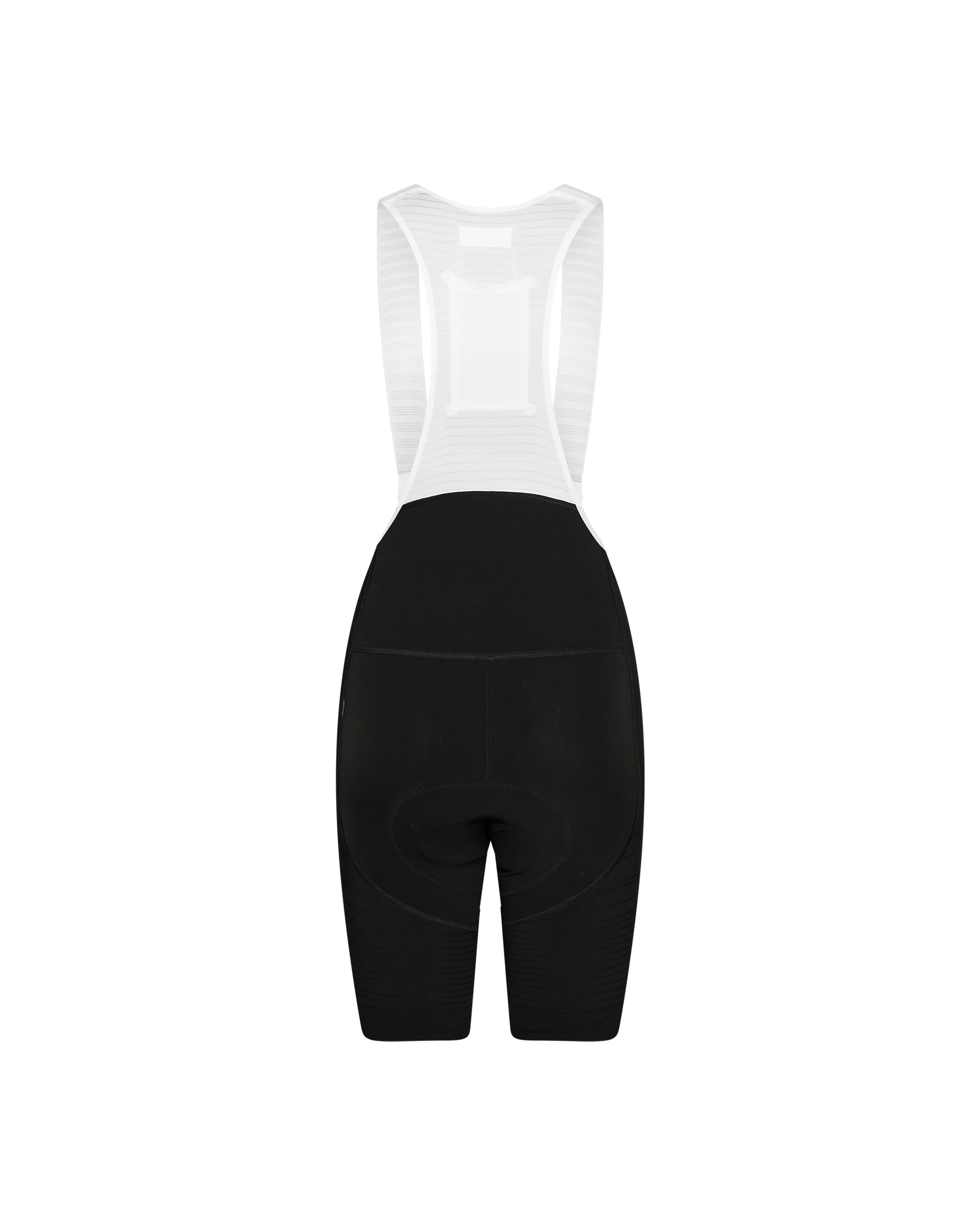 Black PAS Mechanism Pro cycling bibs, rear flat lay with white mesh bib straps