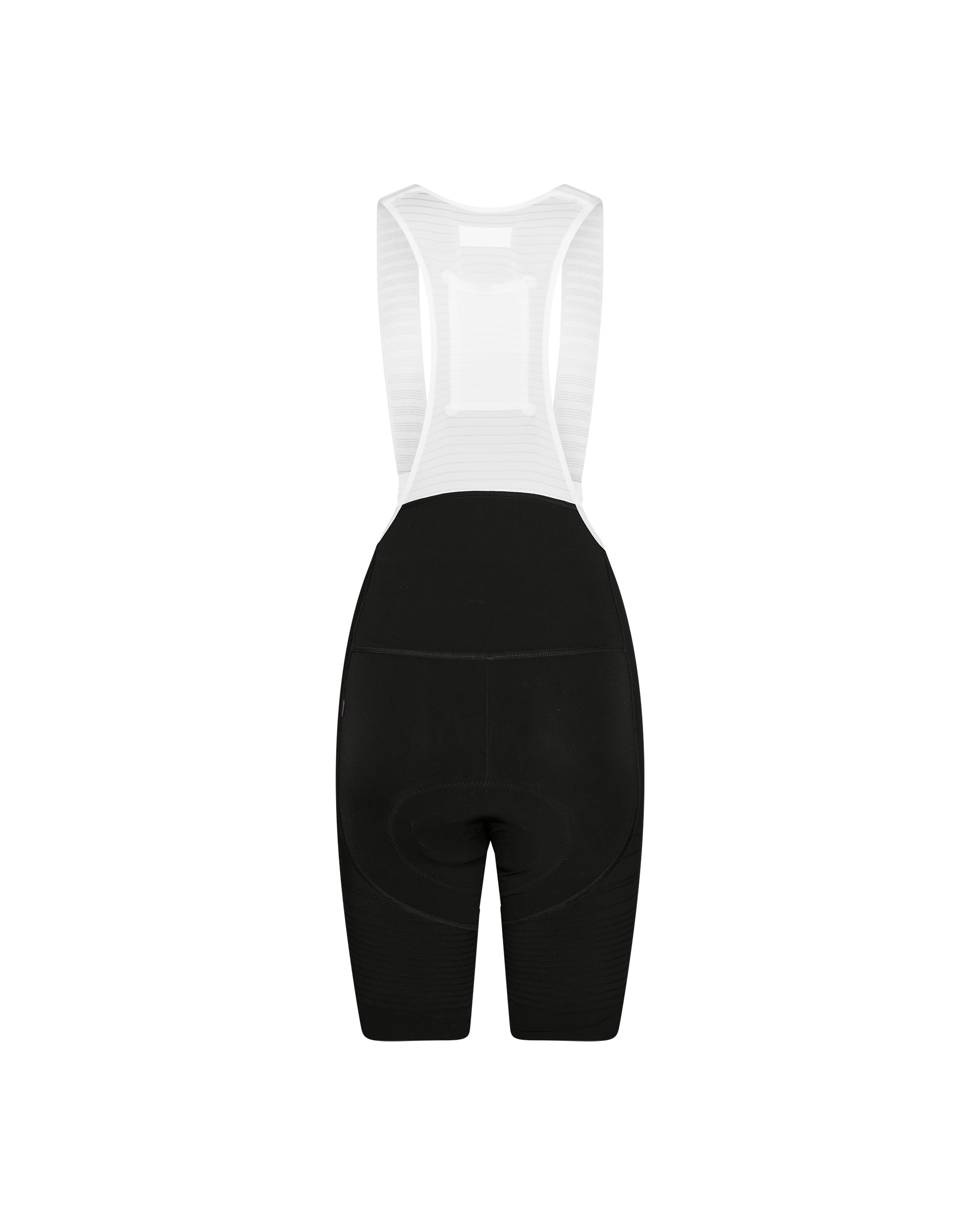 Black PAS Mechanism Pro cycling bibs, rear flat lay with white mesh bib straps