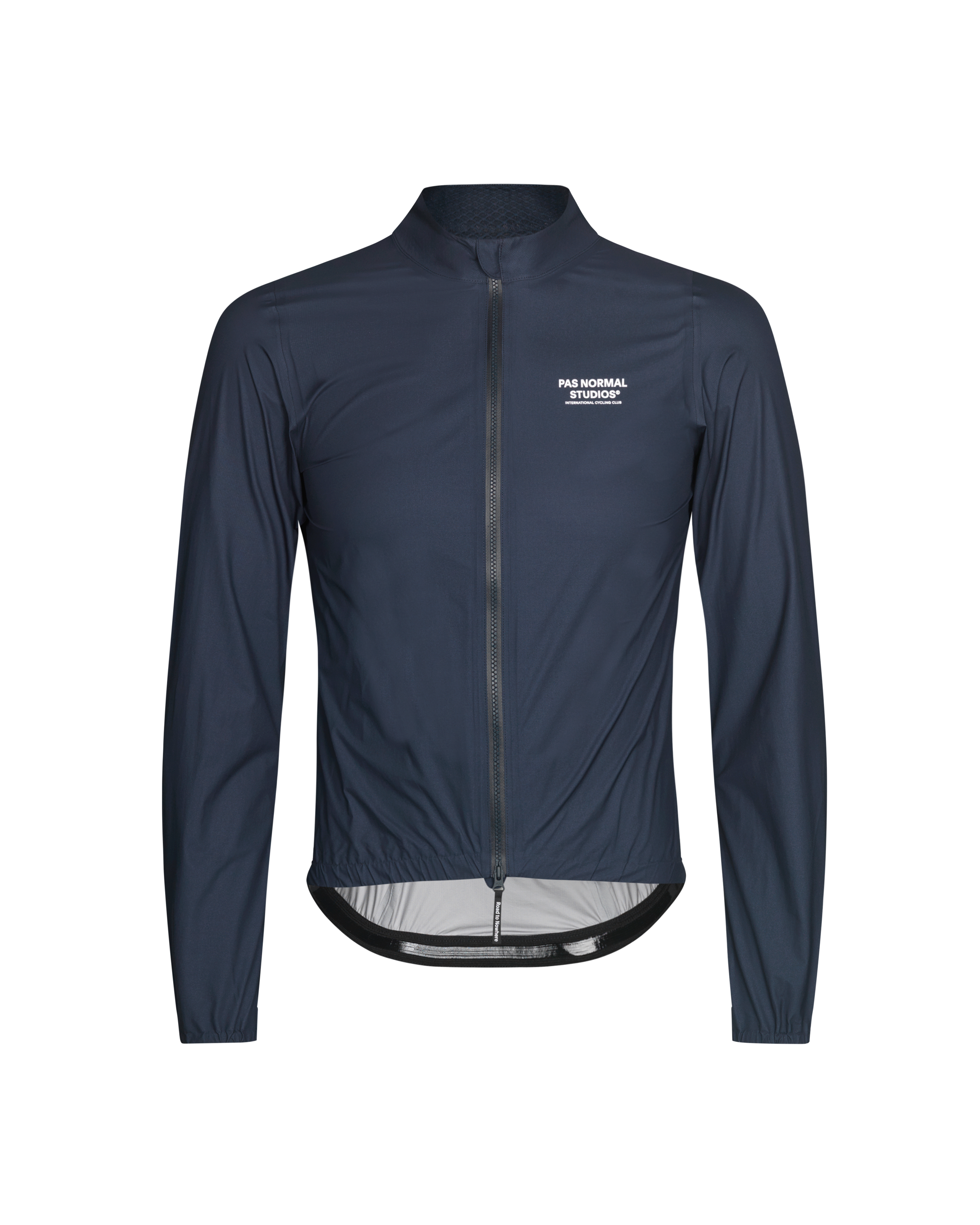 Navy Mechanism Pertex Rain cycling jacket, front view with full zip and chest logo