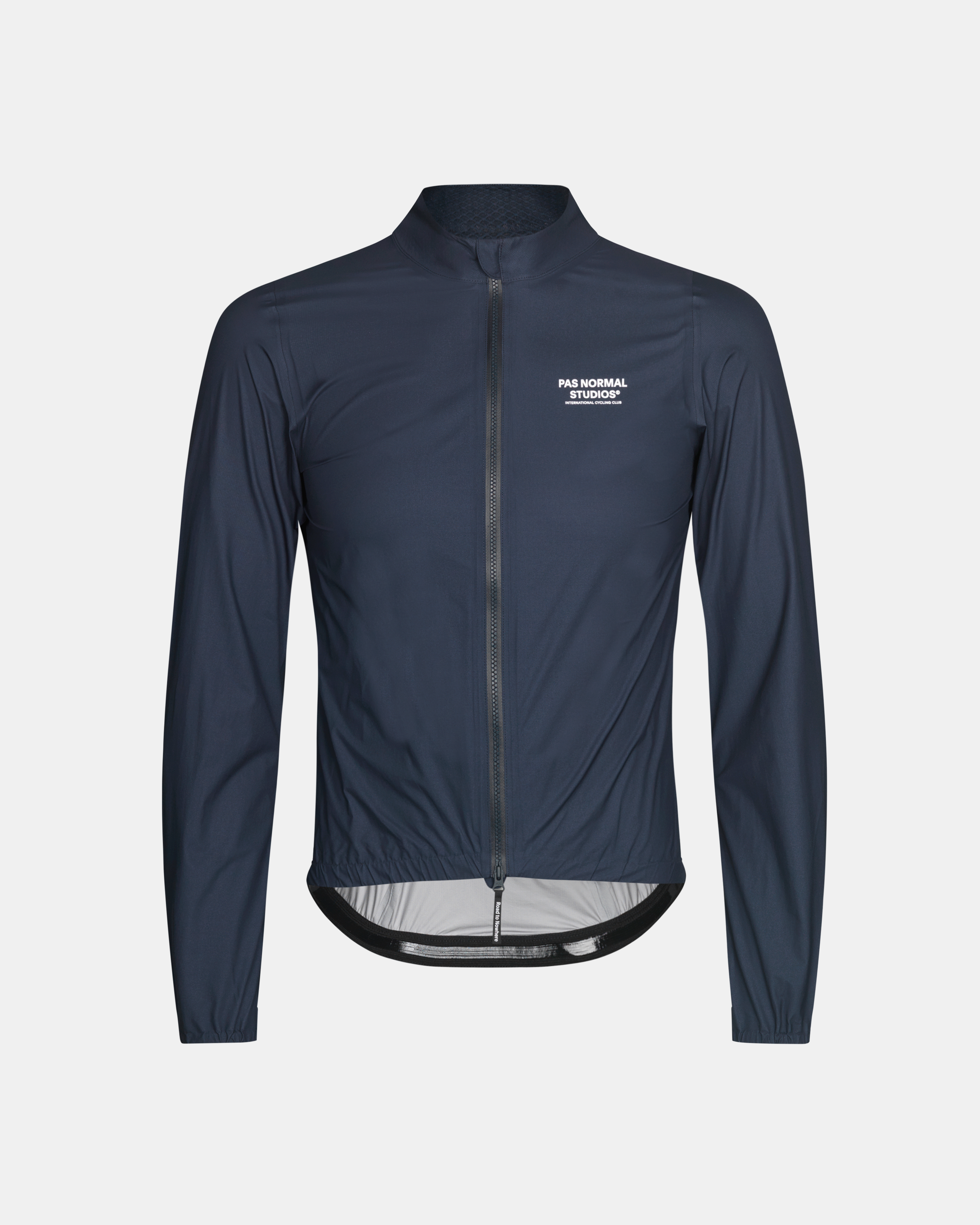 Navy Mechanism Pertex Rain cycling jacket, front view with full zip and chest logo