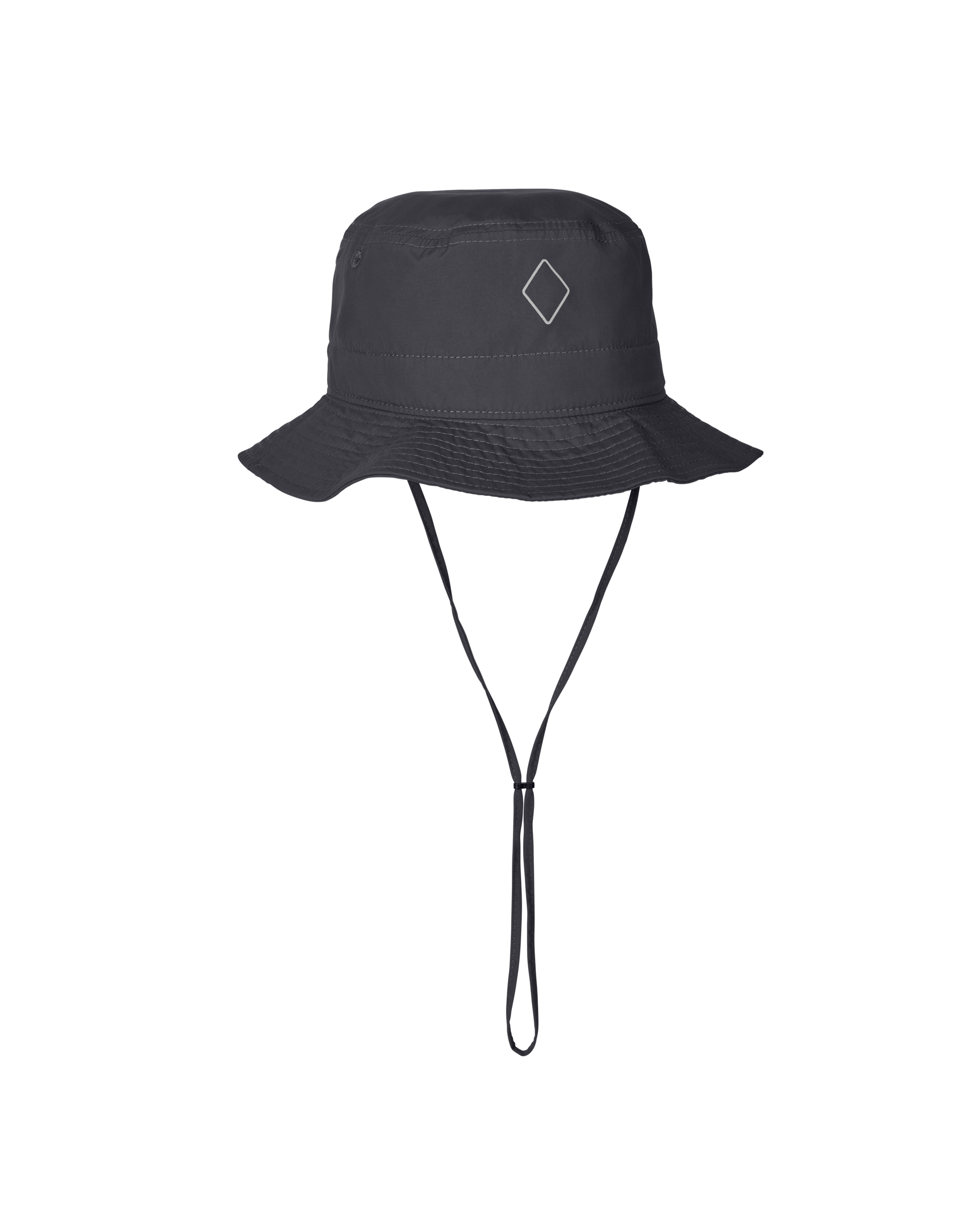 Grey Off-Race Tech Bucket Hat, front view with chin strap and diamond logo