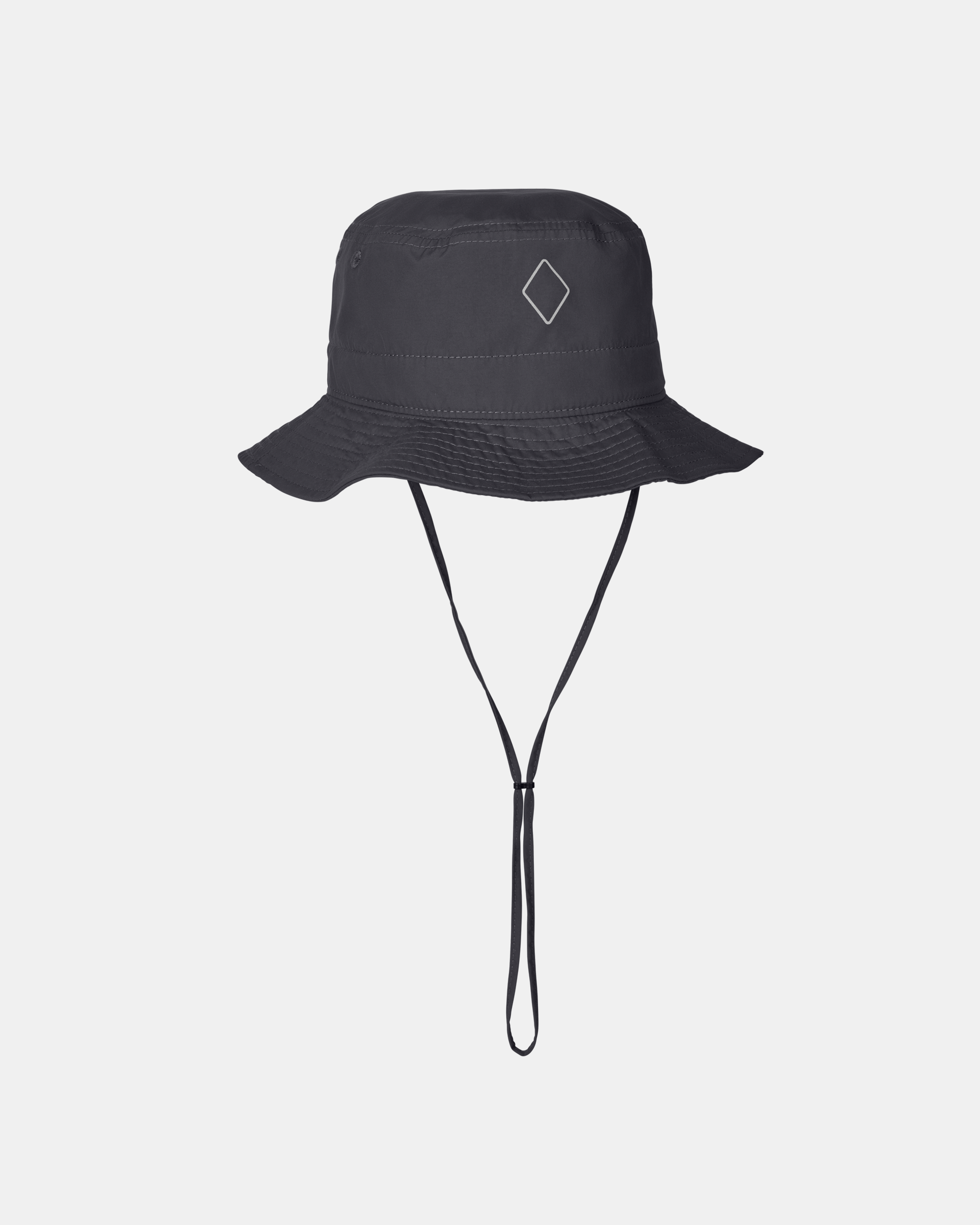 Grey Off-Race Tech Bucket Hat, front view with chin strap and diamond logo
