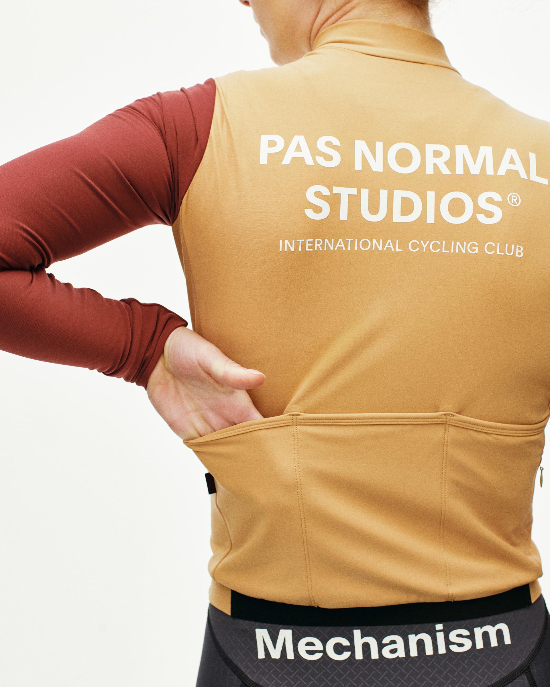 Yellow Mechanism long sleeve cycling jersey, rear view on model with white back print
