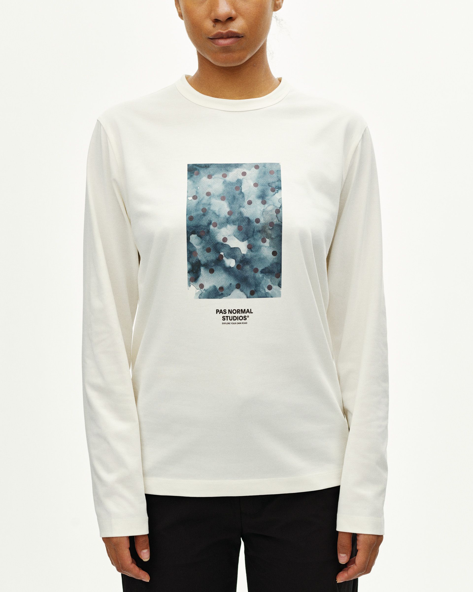 Off White Off-Race Cotton Tech Graphic long sleeve t-shirt on model with blue abstract chest print