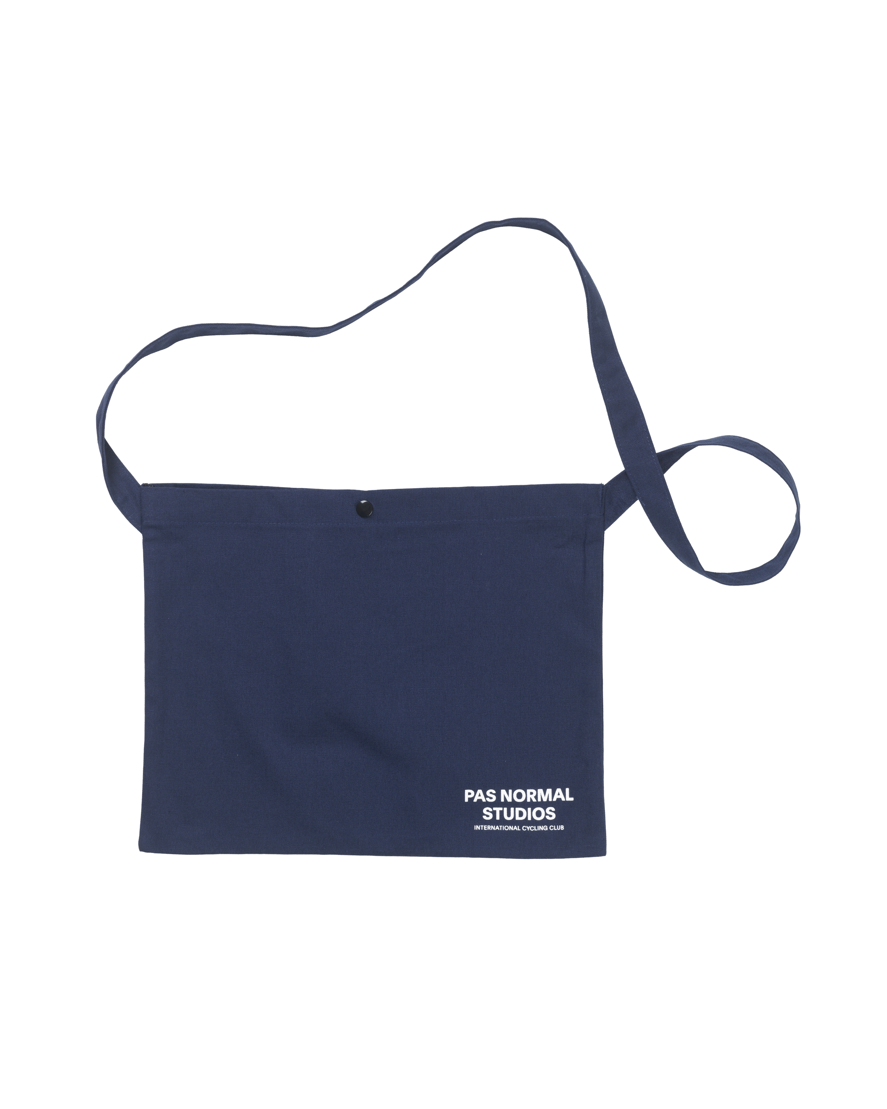 Navy Off-Race musette bag, front flat lay with snap closure and white logo print