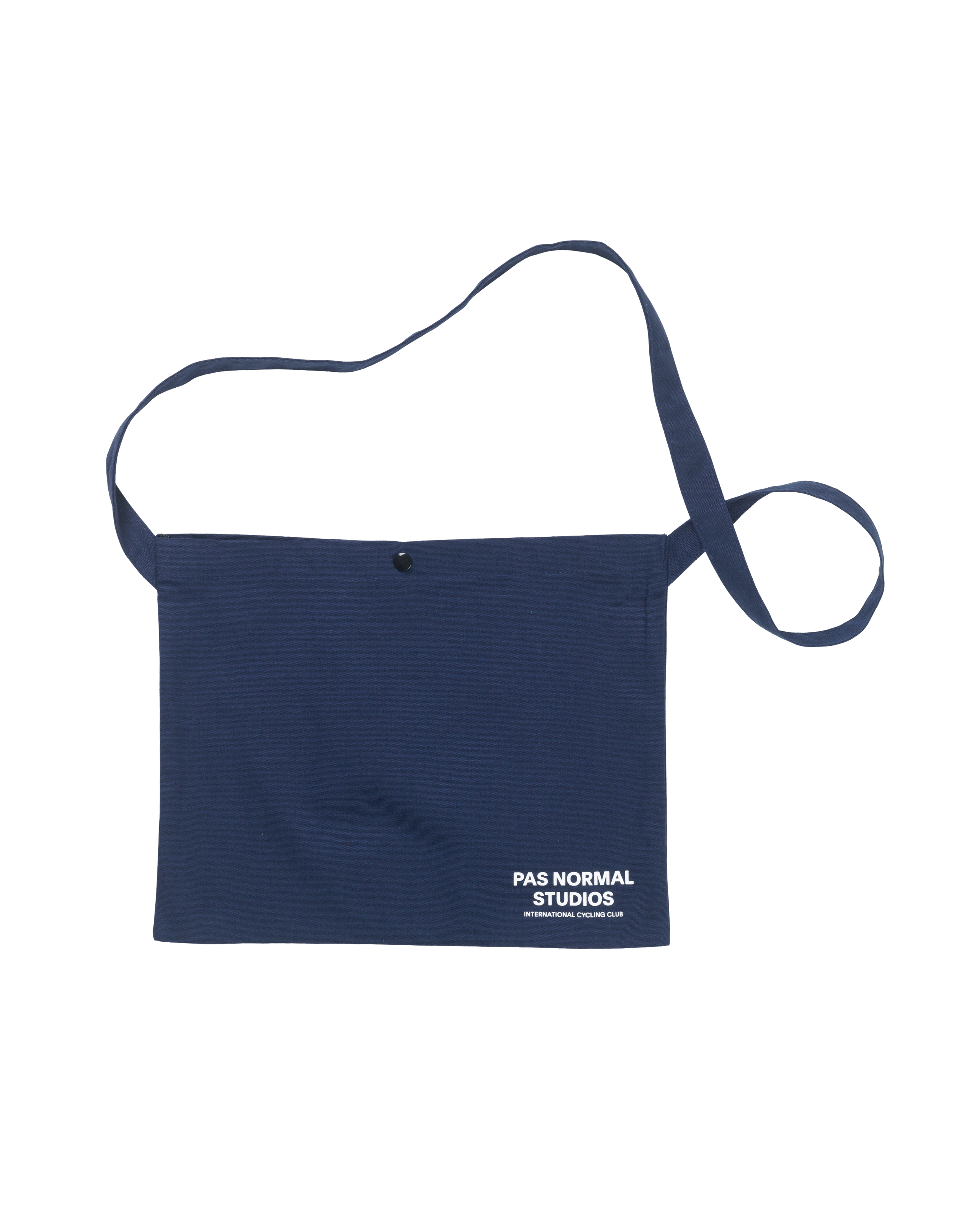 Navy Off-Race musette bag, front flat lay with snap closure and white logo print