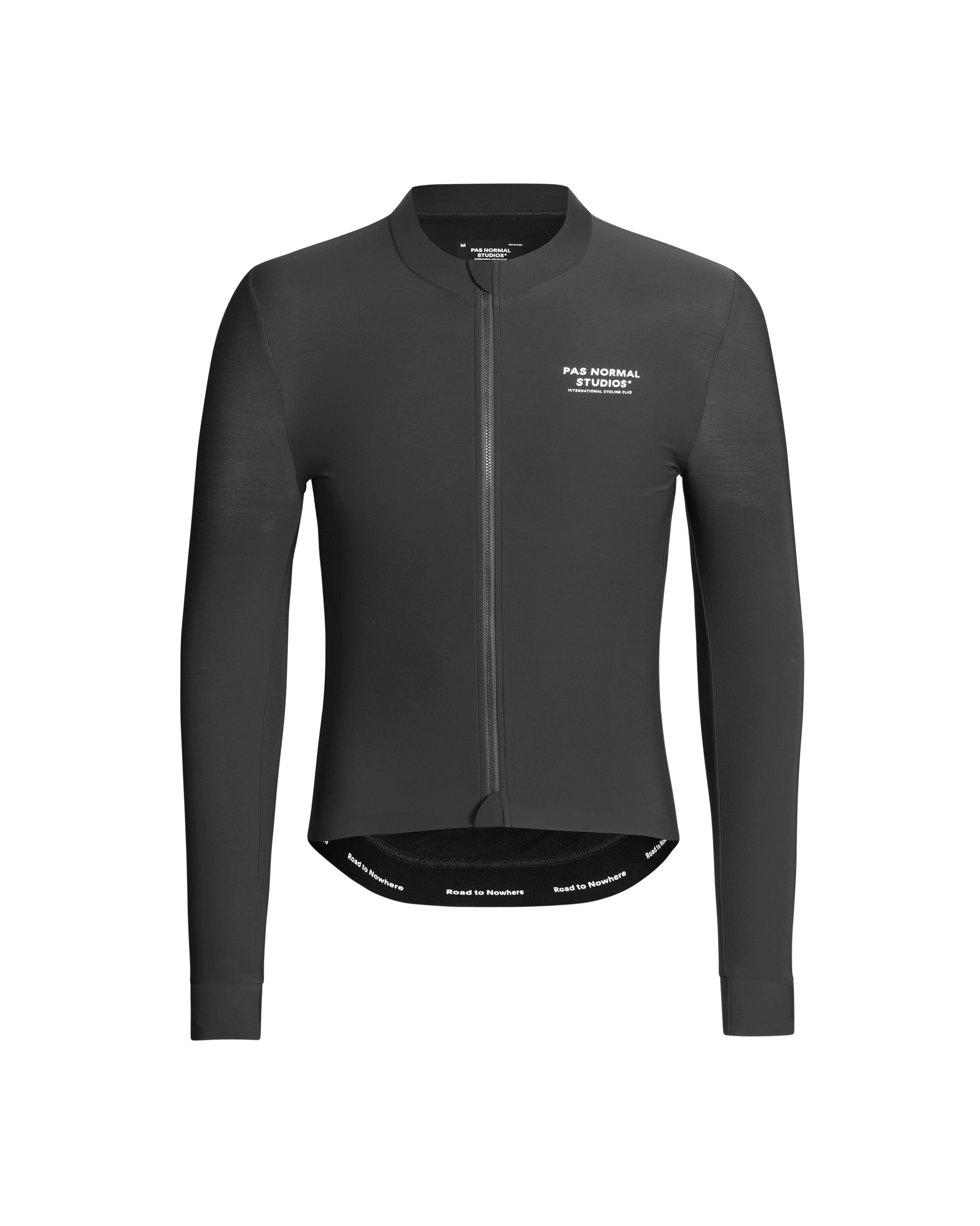 Black Mechanism long sleeve cycling jersey, front view with white chest logo