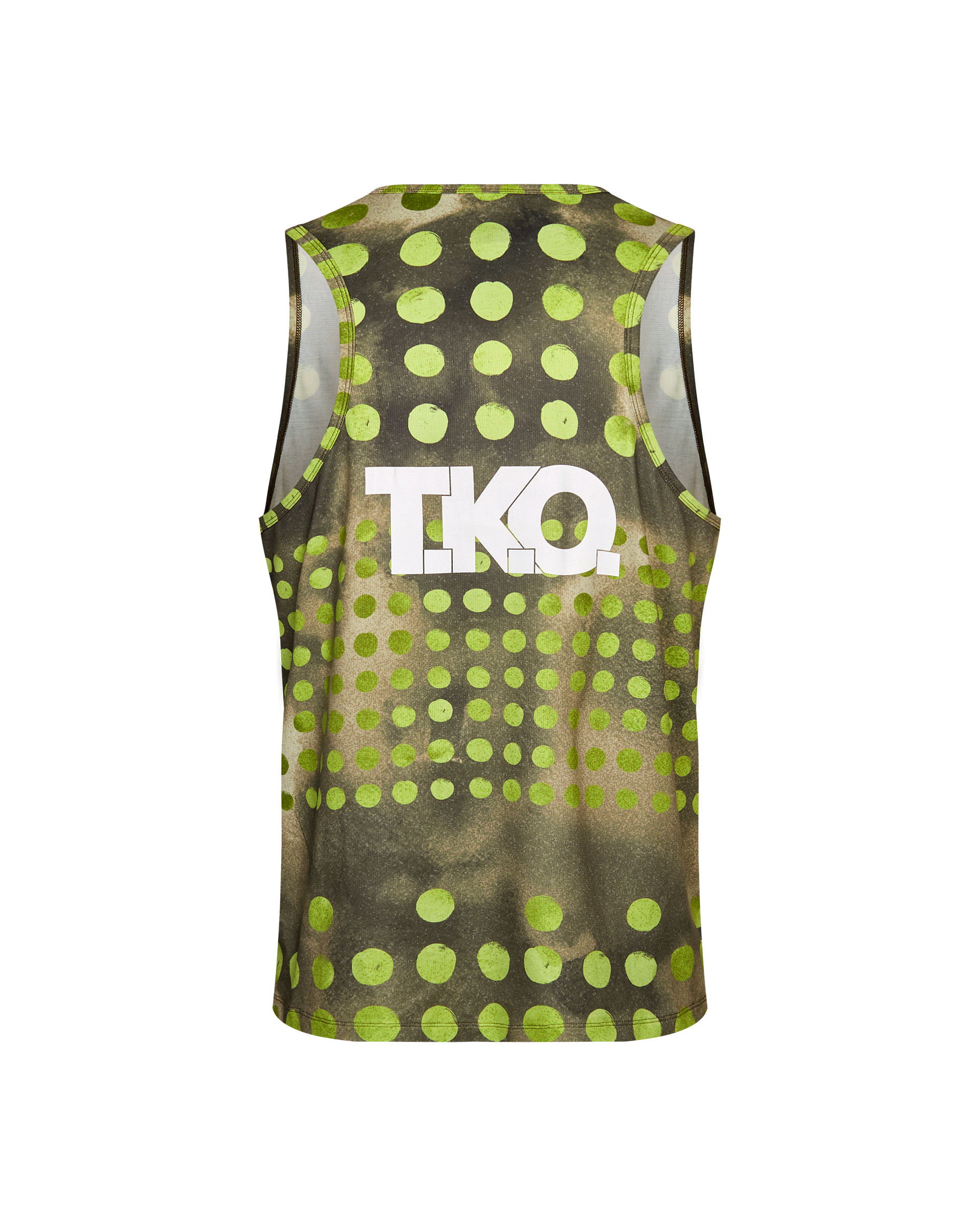 Green T.K.O. Balance singlet, rear flat lay with polka dot pattern and white logo