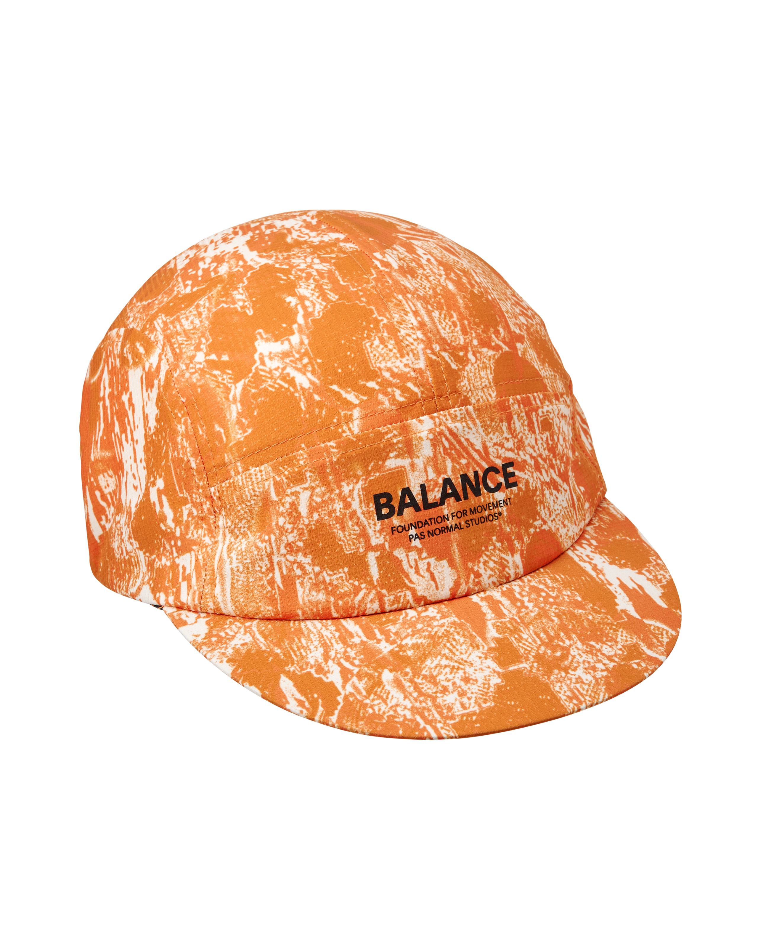 Orange Balance cap, three-quarter flat lay with all-over white abstract print and front logo patch