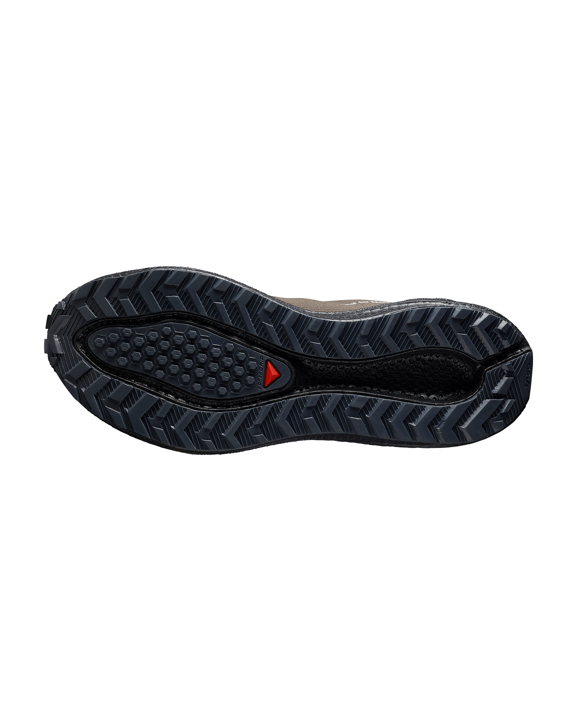Light Brown Salomon AERO BLAZE 4 GRVL GTX shoe, sole-up detail view with chevron tread and red logo accent