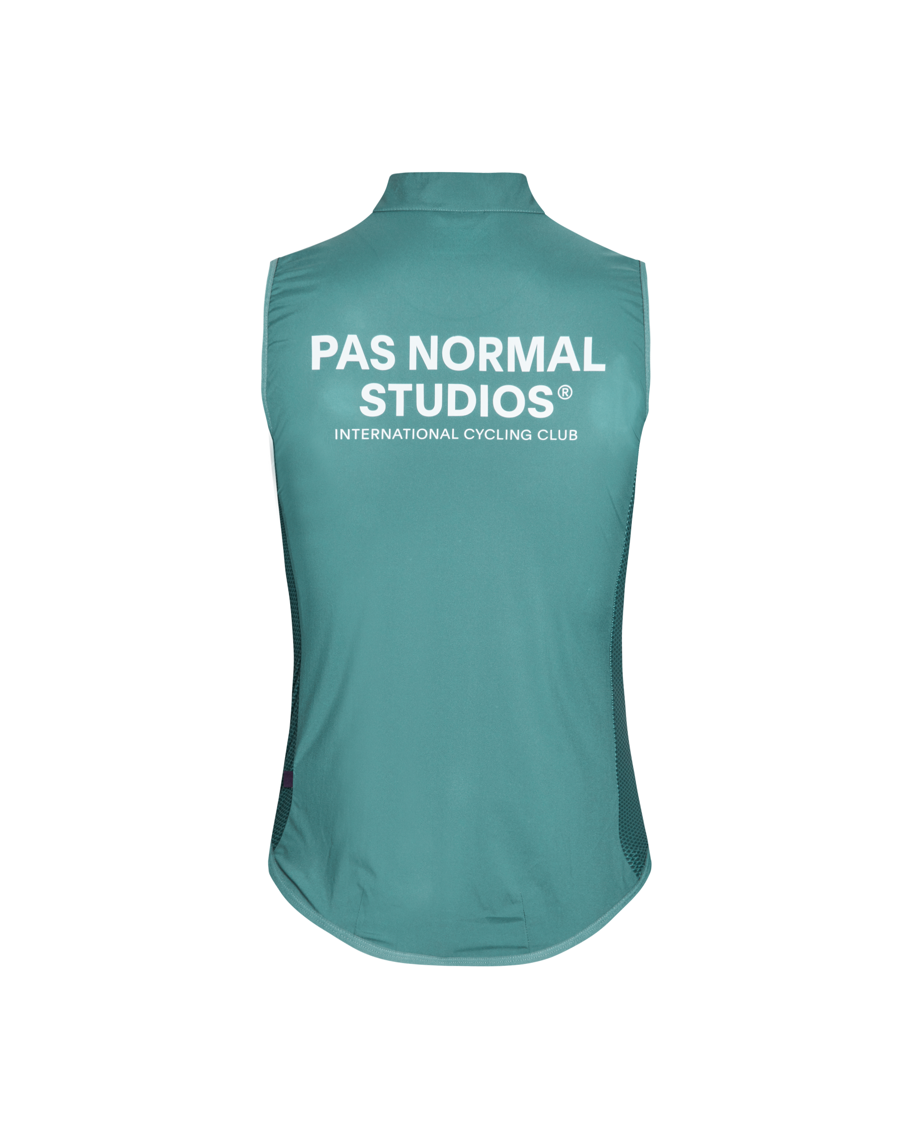Grey Mechanism Stow Away cycling gilet, rear flat lay with white back print and mesh side panels