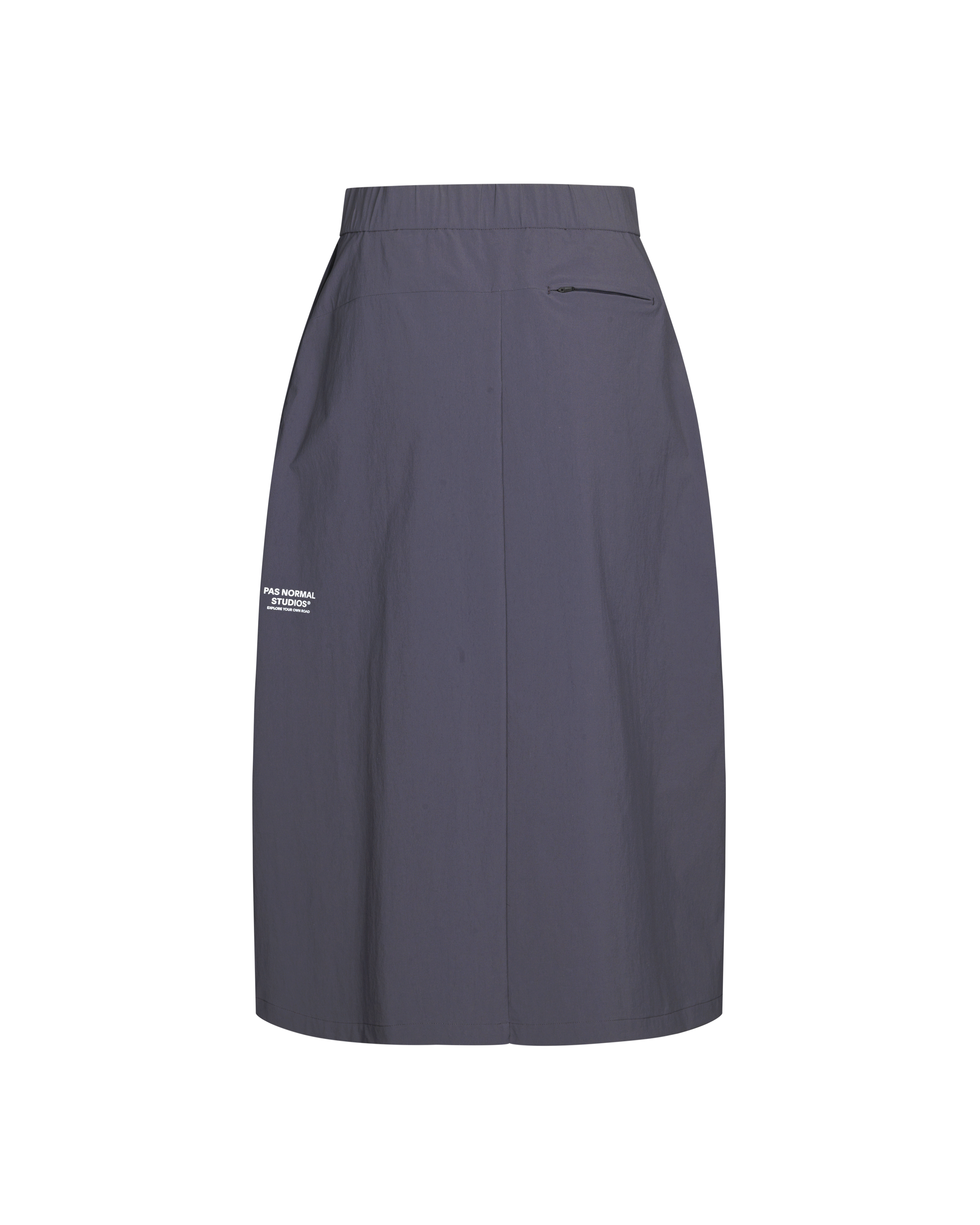 Steel Off-Race Tech skirt, rear flat lay with elastic waistband and zip pocket
