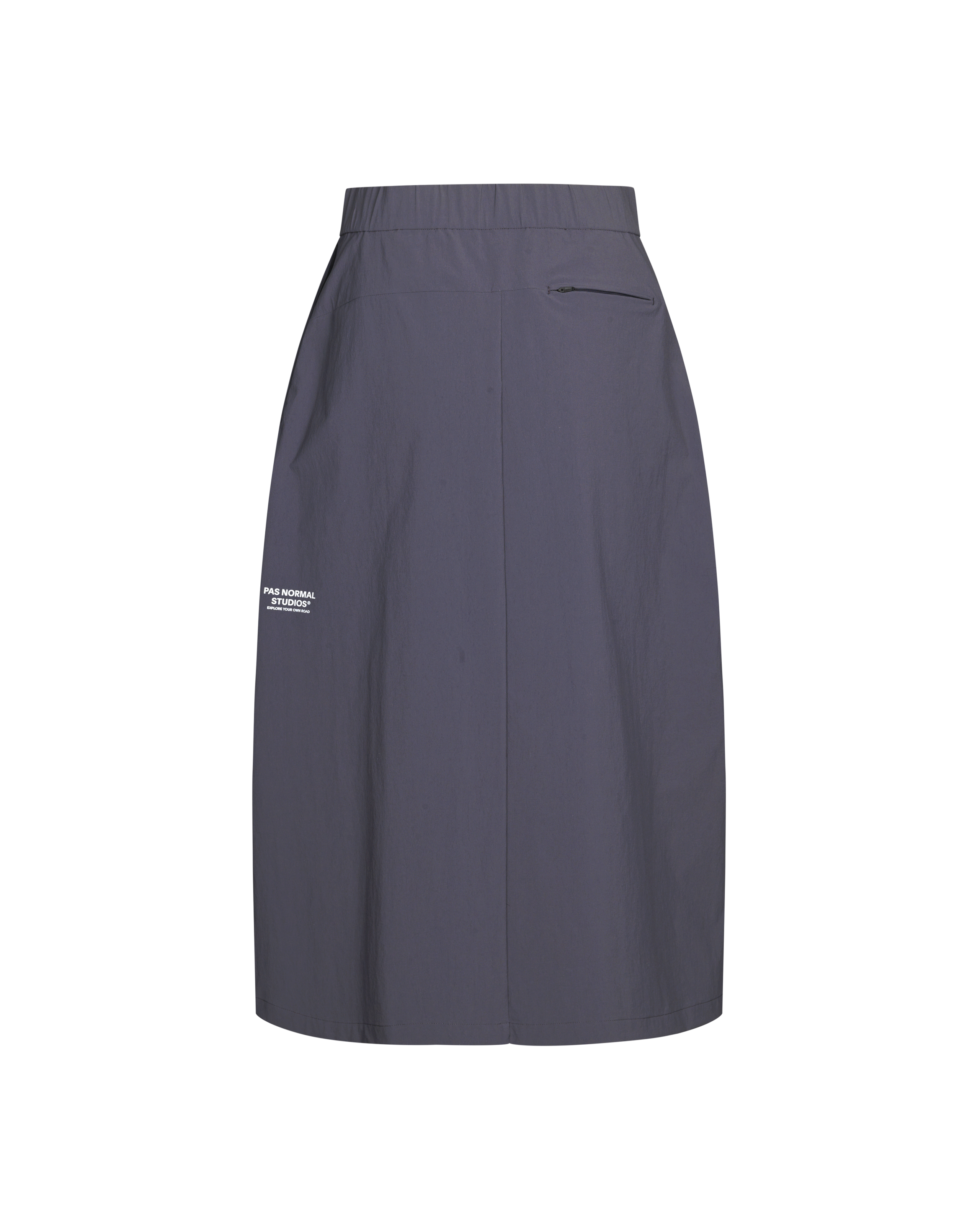 Steel Off-Race Tech skirt, rear flat lay with elastic waistband and zip pocket