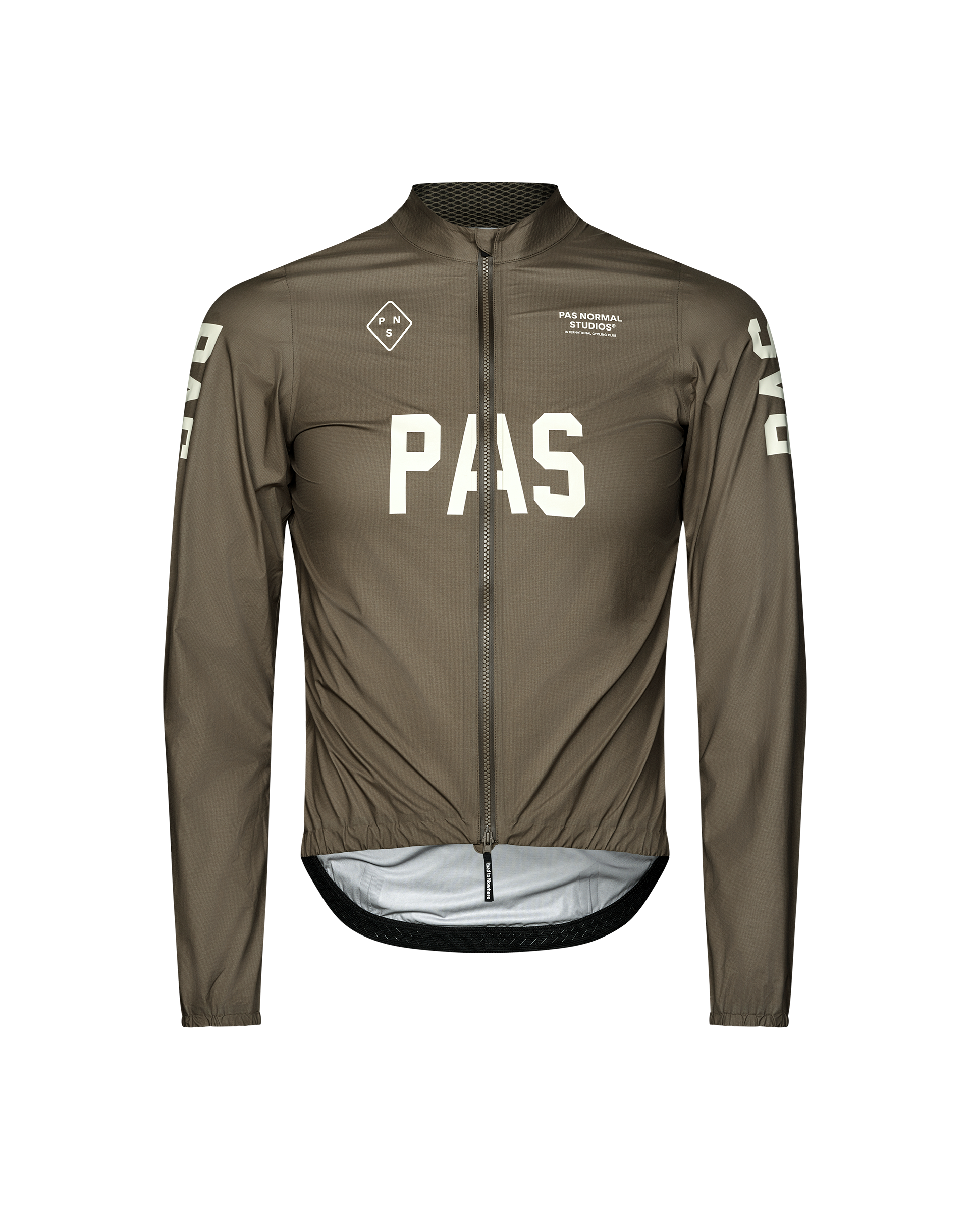 Dark Earth PAS Mechanism Rain cycling jacket, front flat lay with large white chest print and full-length zip