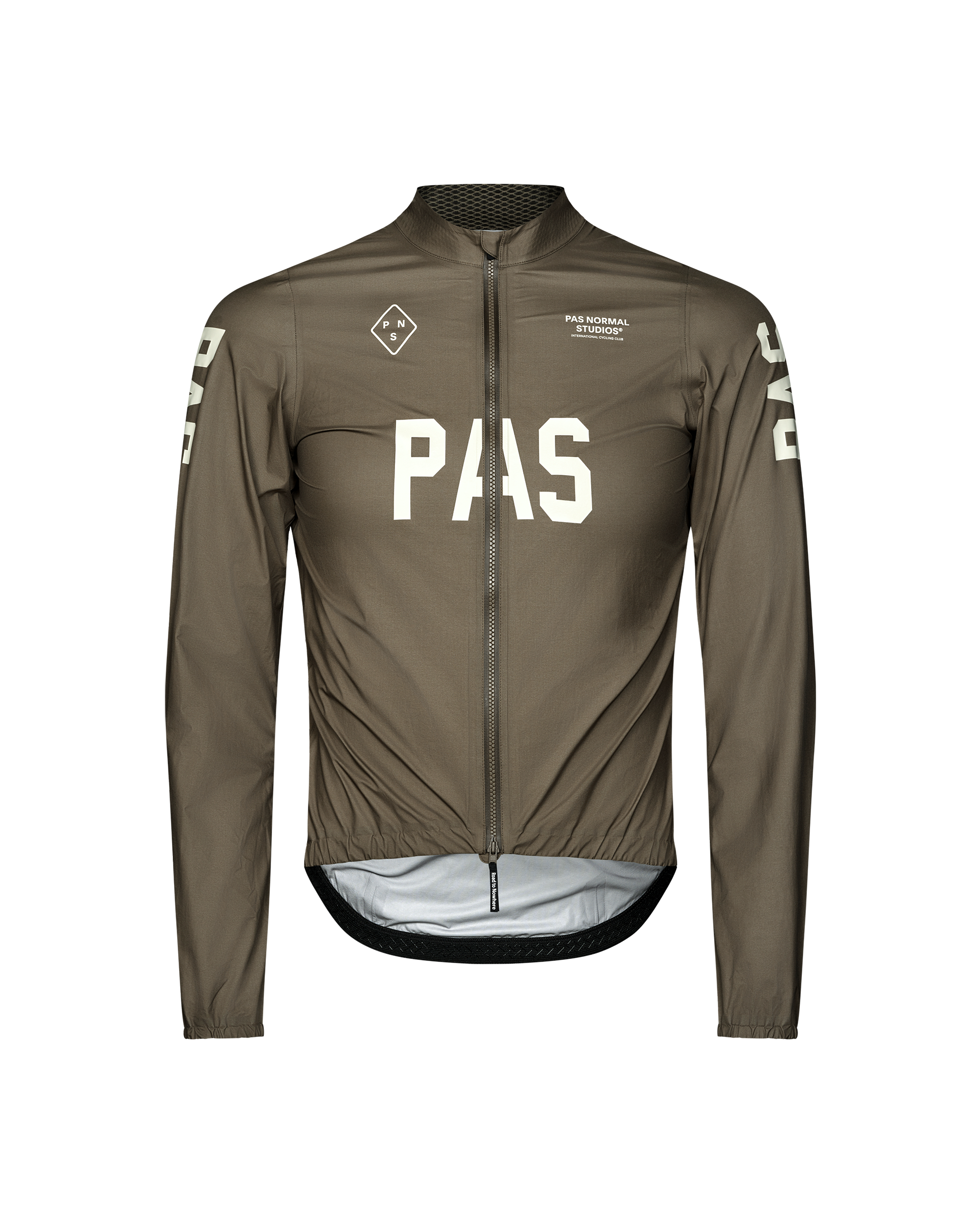 Dark Earth PAS Mechanism Rain cycling jacket, front flat lay with large white chest print and full-length zip