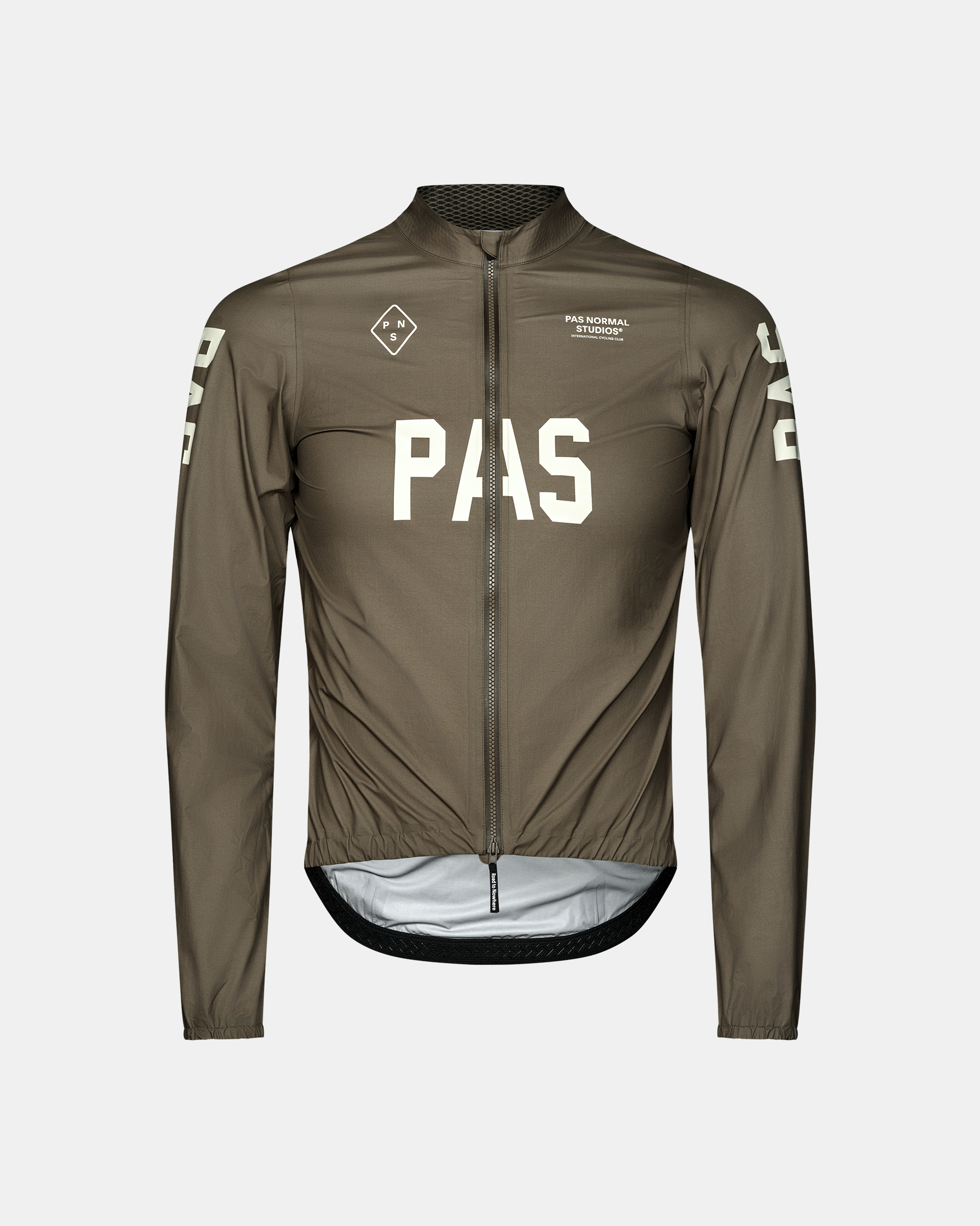 Dark Earth PAS Mechanism Rain cycling jacket, front flat lay with large white chest print and full-length zip