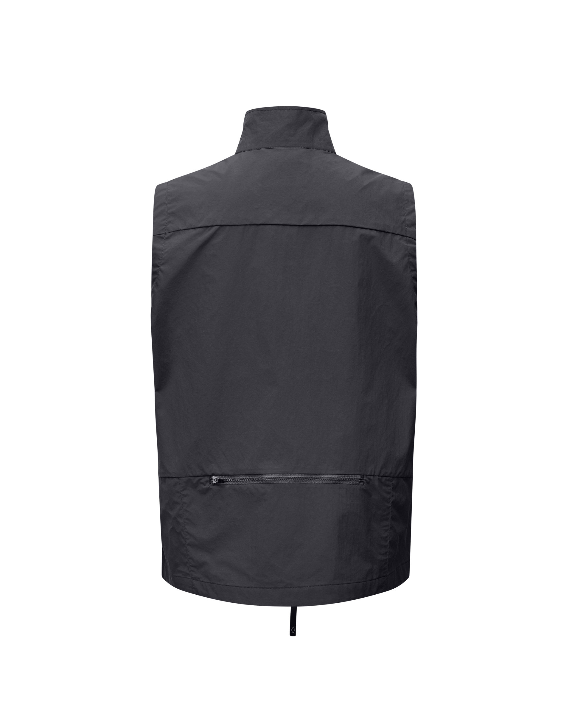Grey Off-Race Utility vest, rear flat lay with horizontal zip pocket