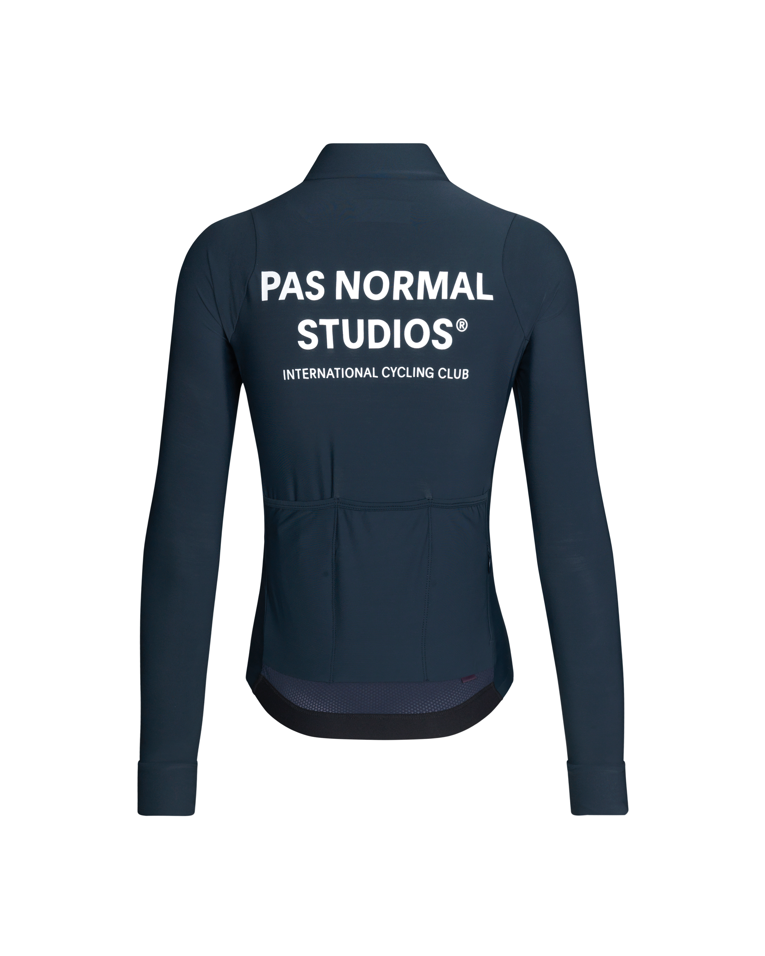 Navy Mechanism long sleeve cycling jersey, rear flat lay with white logo print