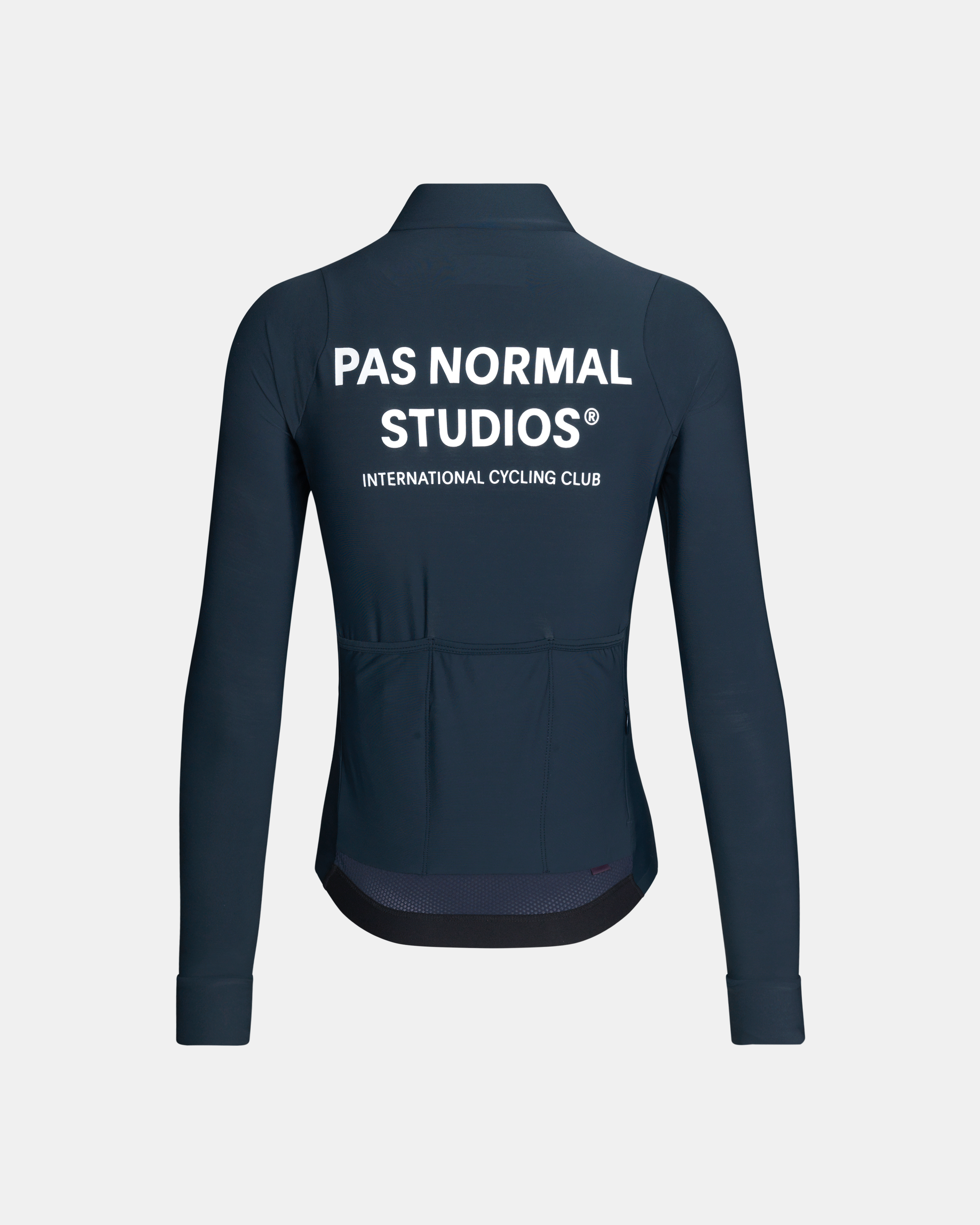 Navy Mechanism long sleeve cycling jersey, rear flat lay with white logo print