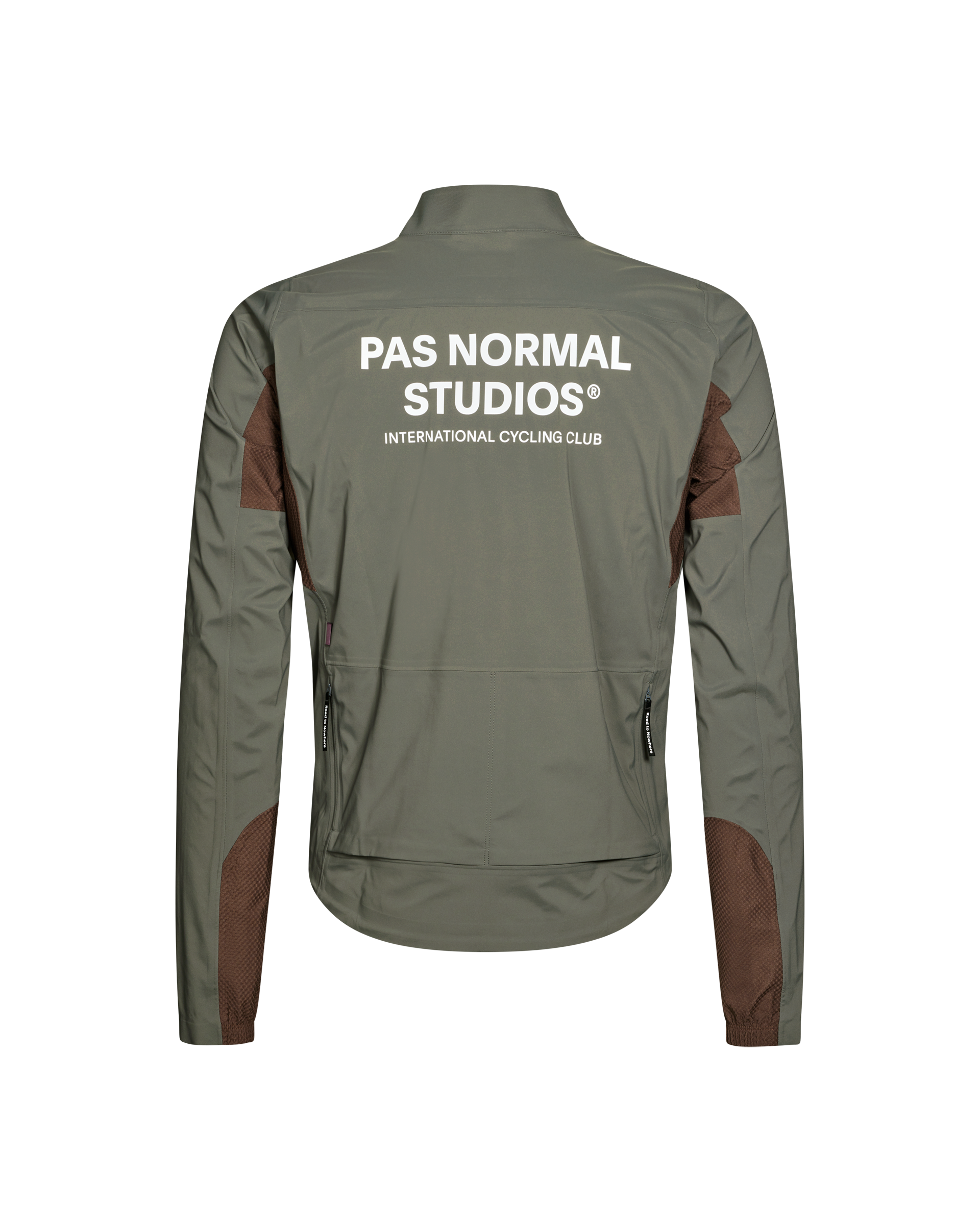 Dark Grey Mechanism Shell cycling jacket, rear flat lay with brown mesh panels and white back logo print