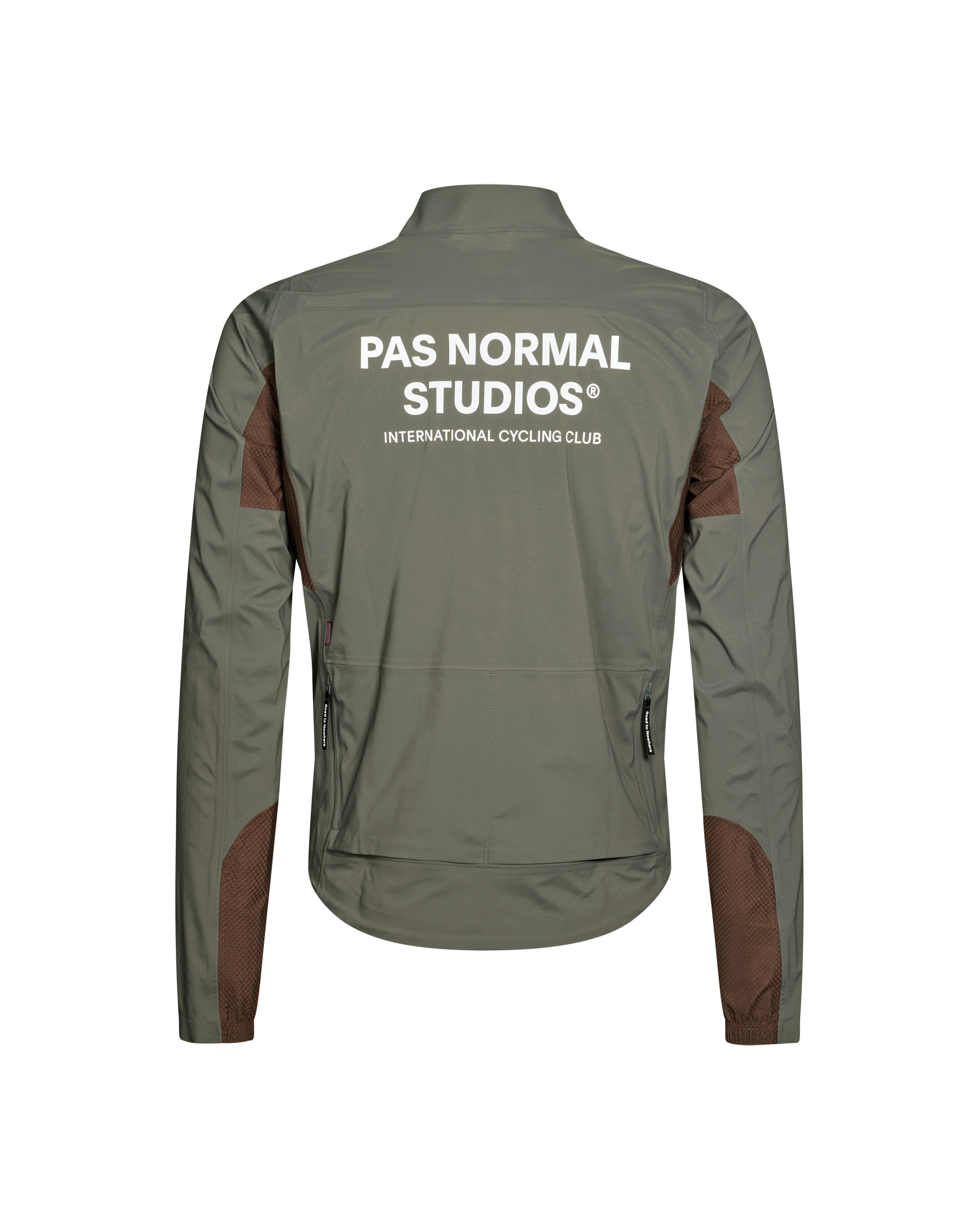 Dark Grey Mechanism Shell cycling jacket, rear flat lay with brown mesh panels and white back logo print