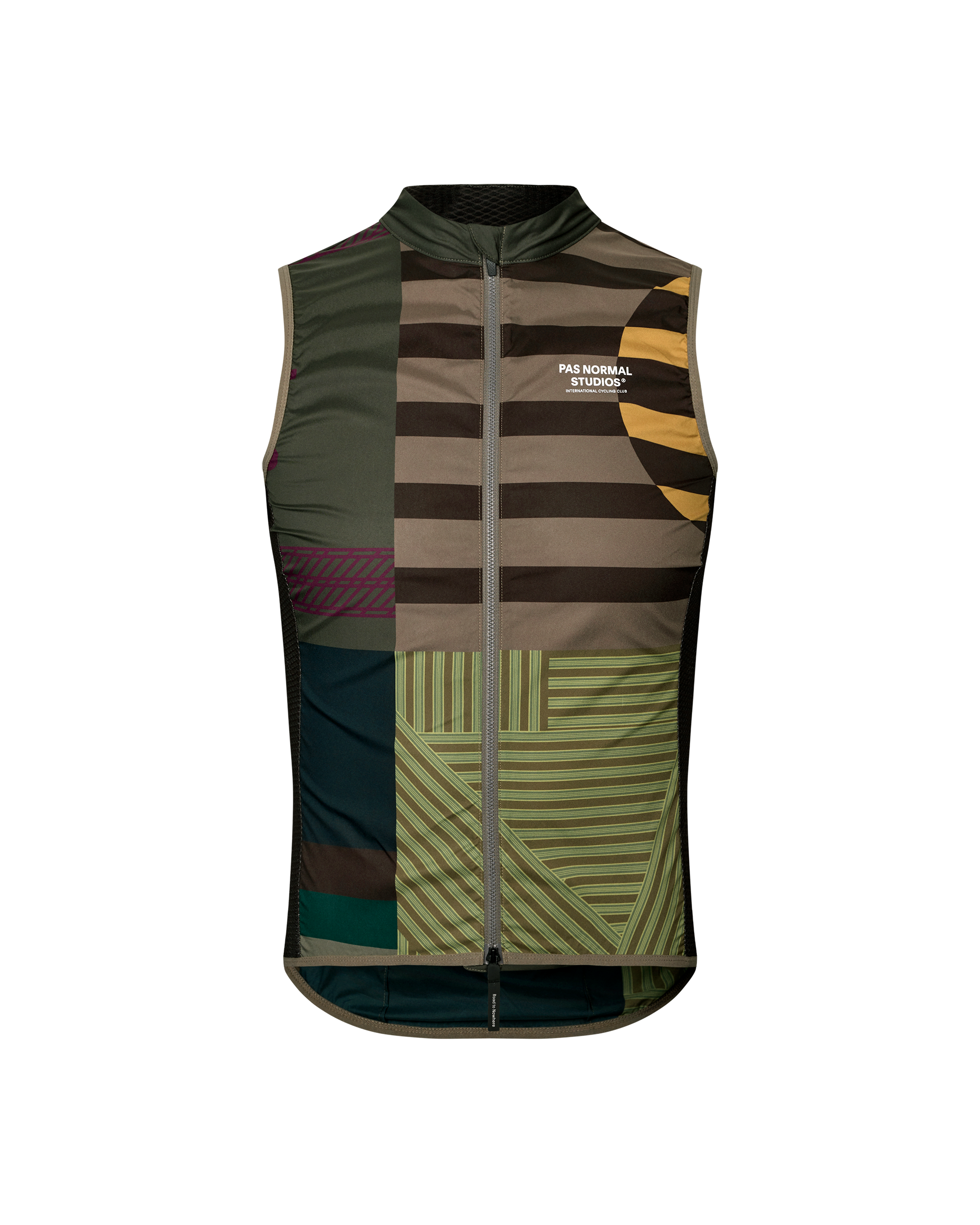 International Earth khaki Mechanism Stow Away cycling gilet, front flat lay with multicolour patchwork stripe and full zip