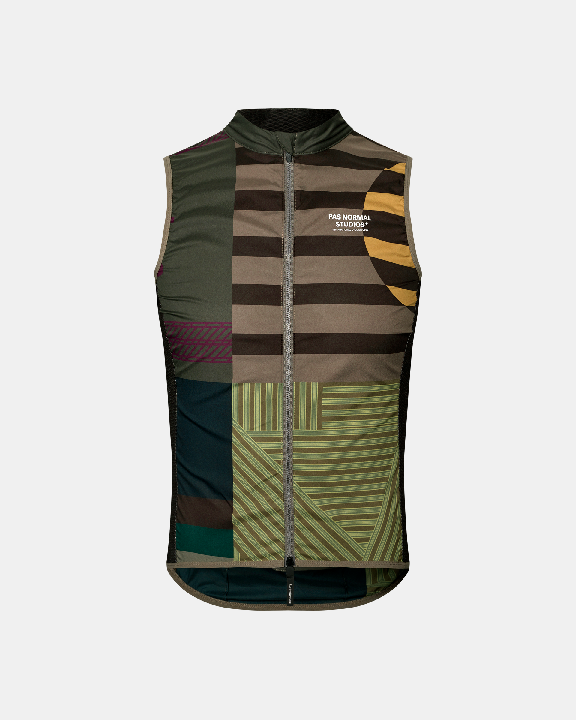 International Earth khaki Mechanism Stow Away cycling gilet, front flat lay with multicolour patchwork stripe and full zip