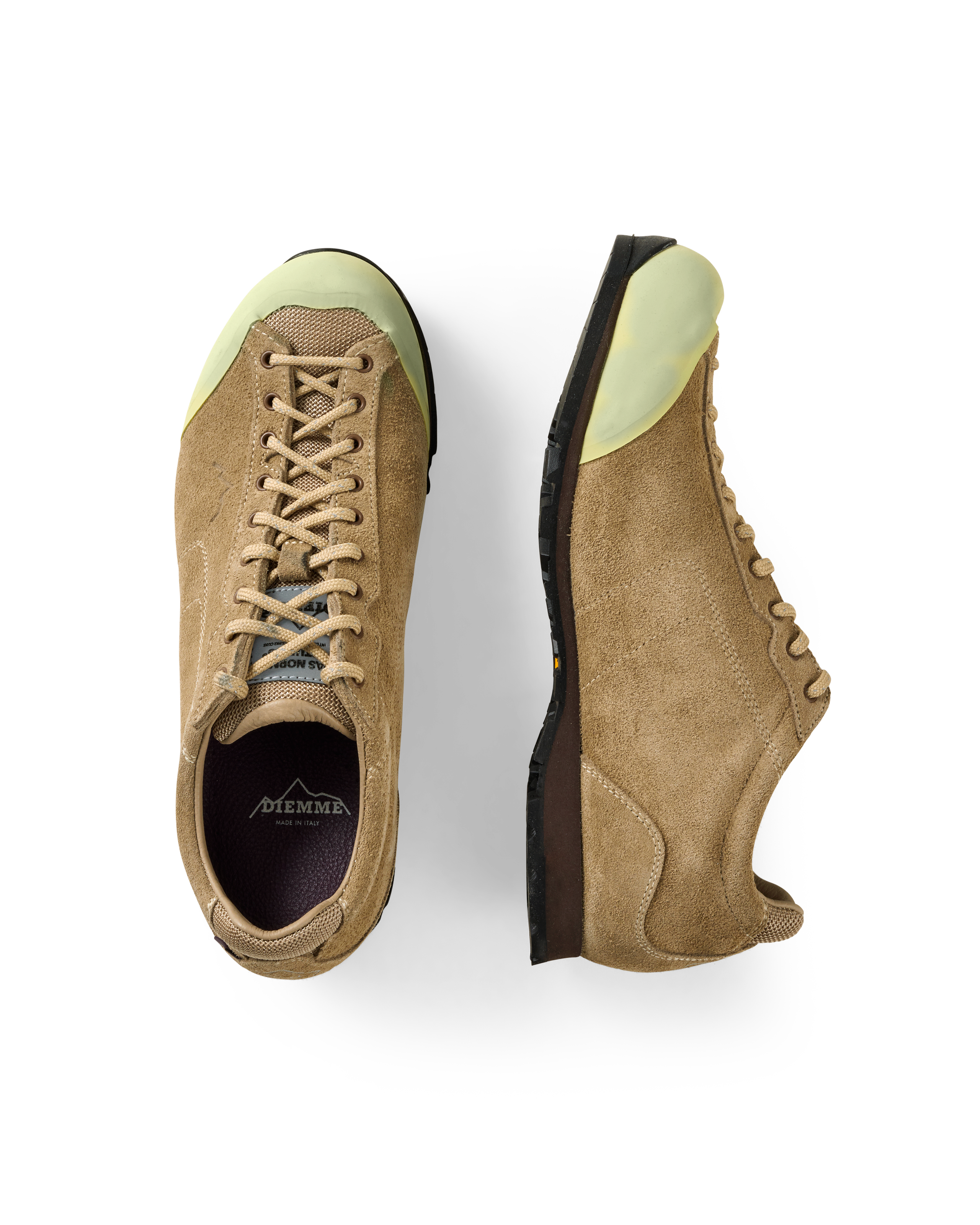 Brown Diemme Movida'92 shoes, flat lay pair with green toe cap and suede upper