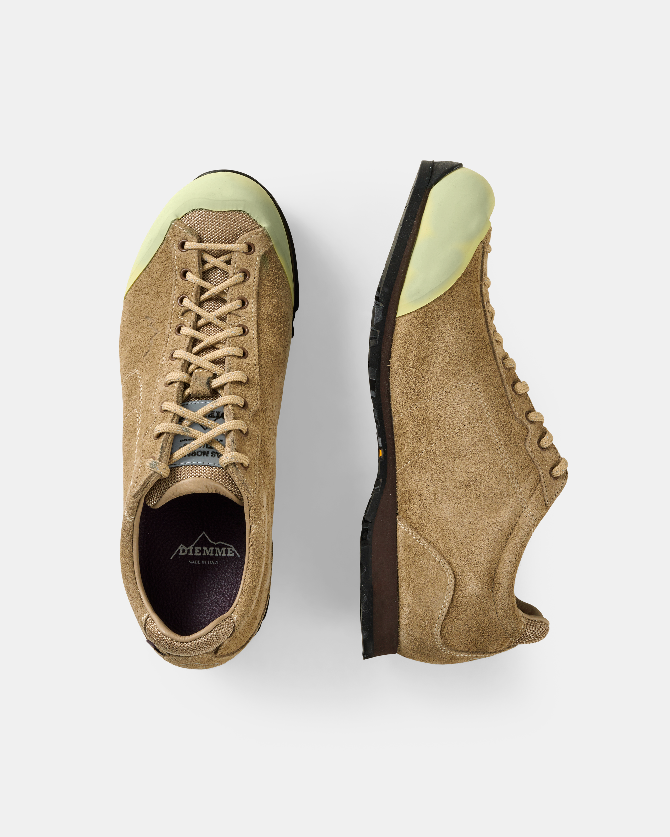 Brown Diemme Movida'92 shoes, flat lay pair with green toe cap and suede upper