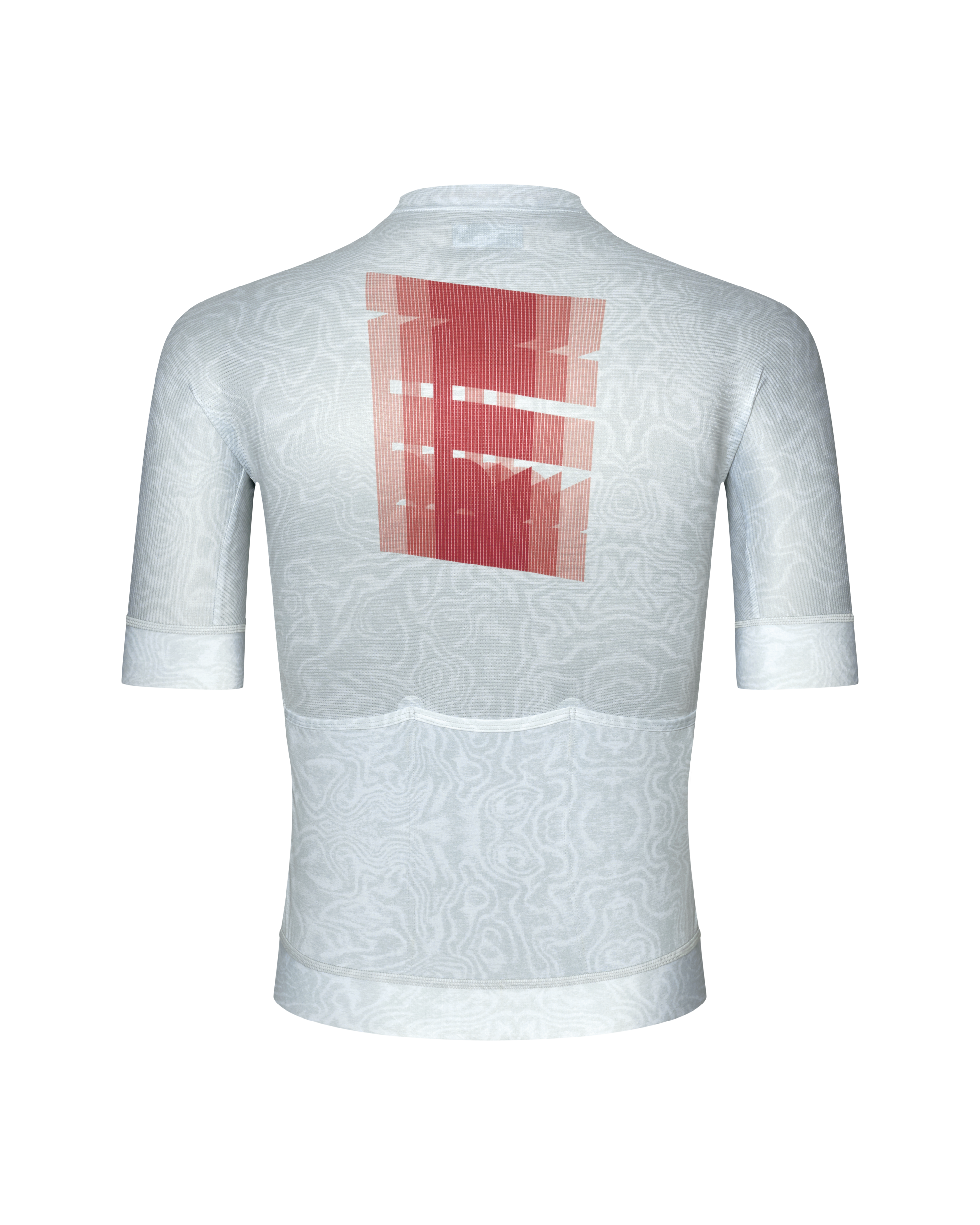 Light Blue Mechanism cycling jersey, rear flat lay with red graphic back print on tonal pattern