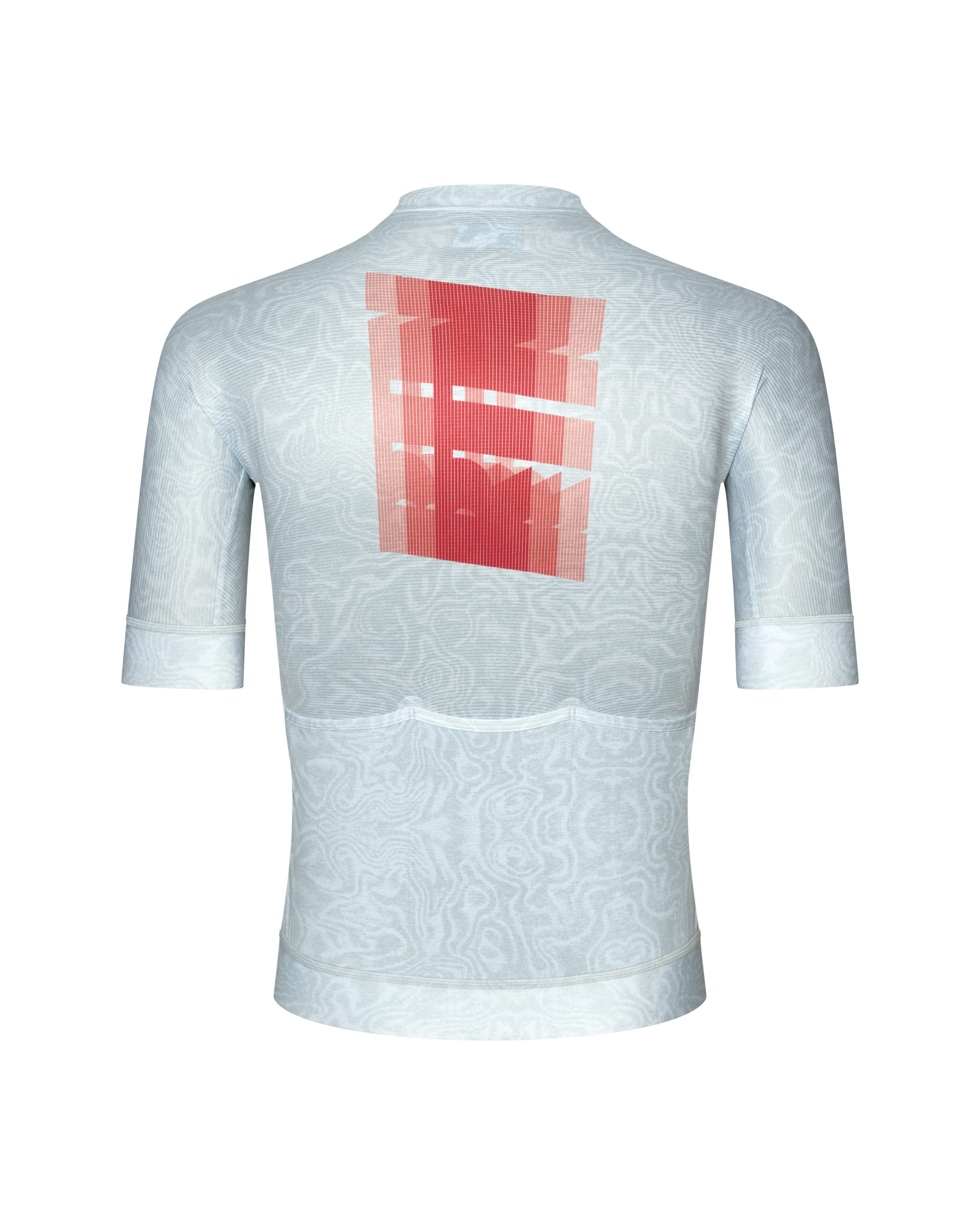 Light Blue Mechanism cycling jersey, rear flat lay with red graphic back print on tonal pattern